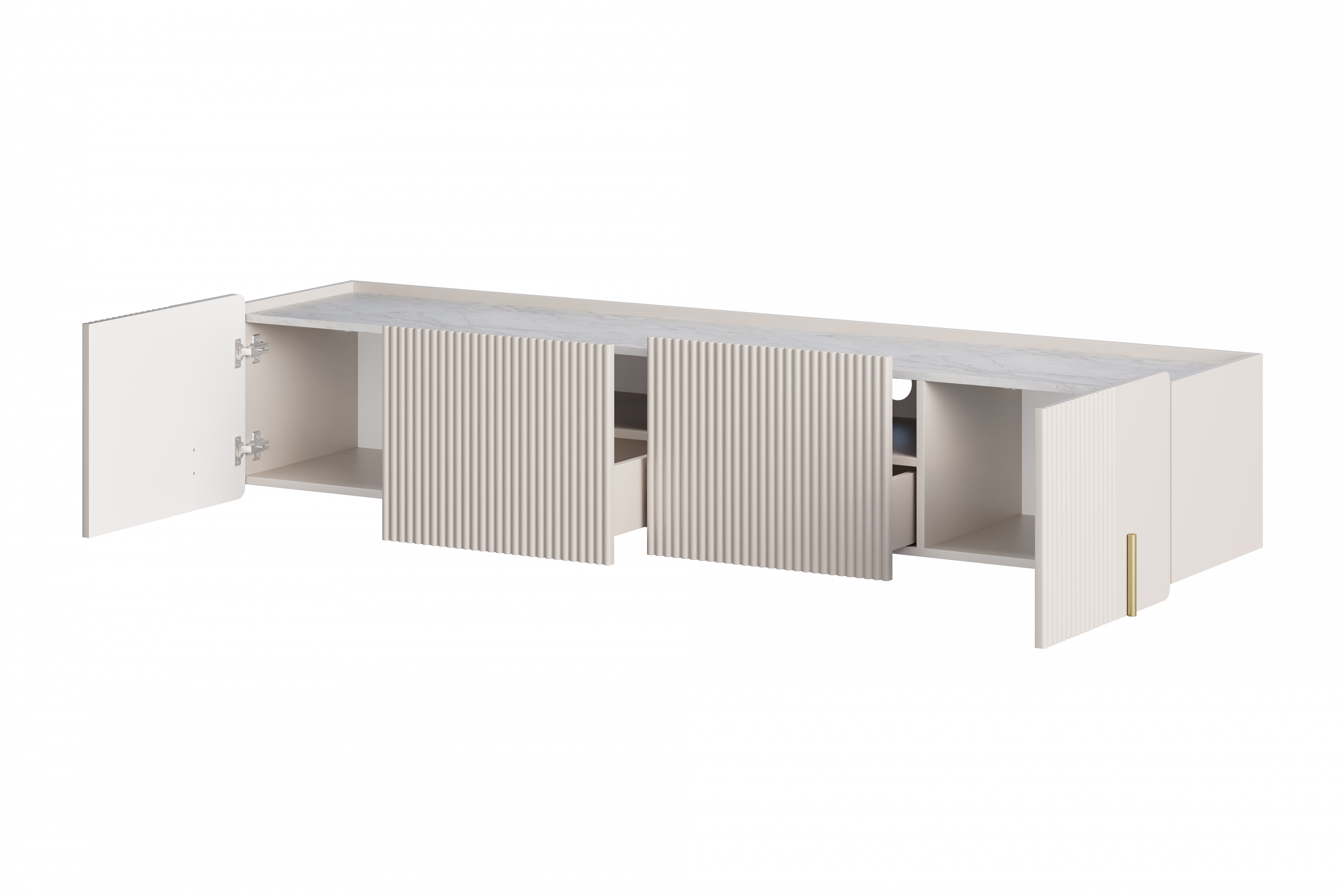 Závesný TV stolík Malmi 200 cm - kašmírová / crema bianca / zlatá TV skrinka Malmi 200 cm závesná - kašmír / crema bianca / zlaté