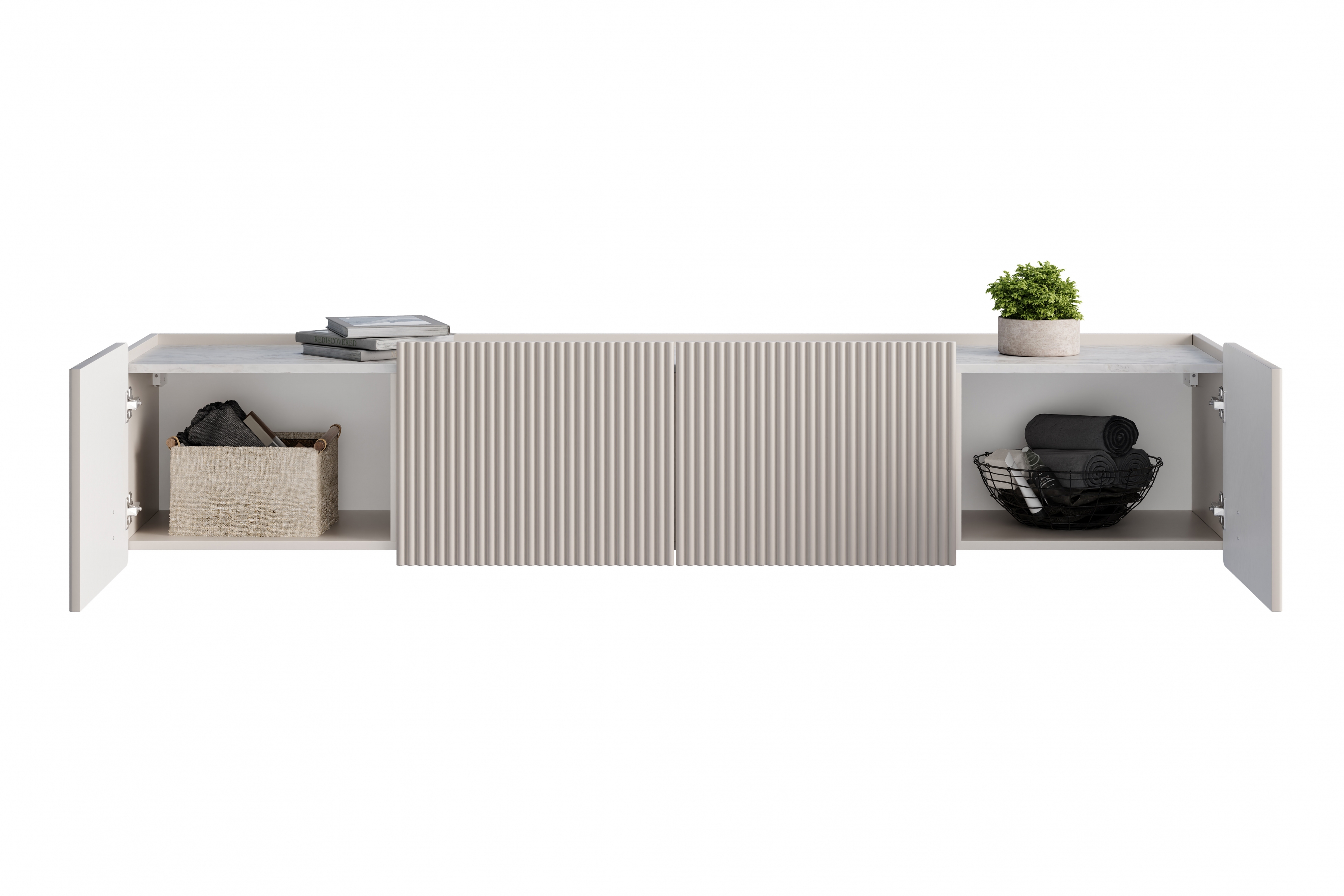 Závesný TV stolík Malmi 200 cm - kašmírová / crema bianca / zlatá TV skrinka Malmi 200 cm závesná - kašmír / crema bianca / zlaté