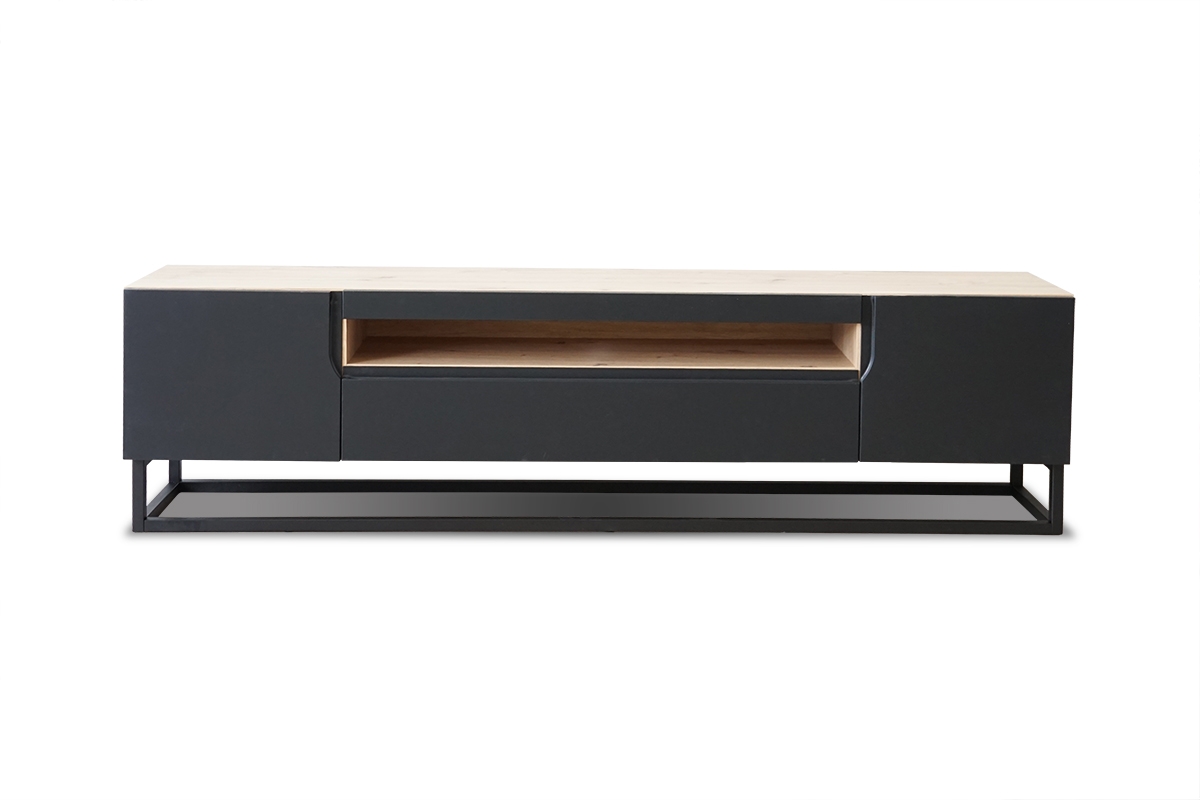 TV stolek Loftia 200 cm s výklenkem a kovovým rámem - dub artisan / černý mat Skříňka tv na kovových nohách