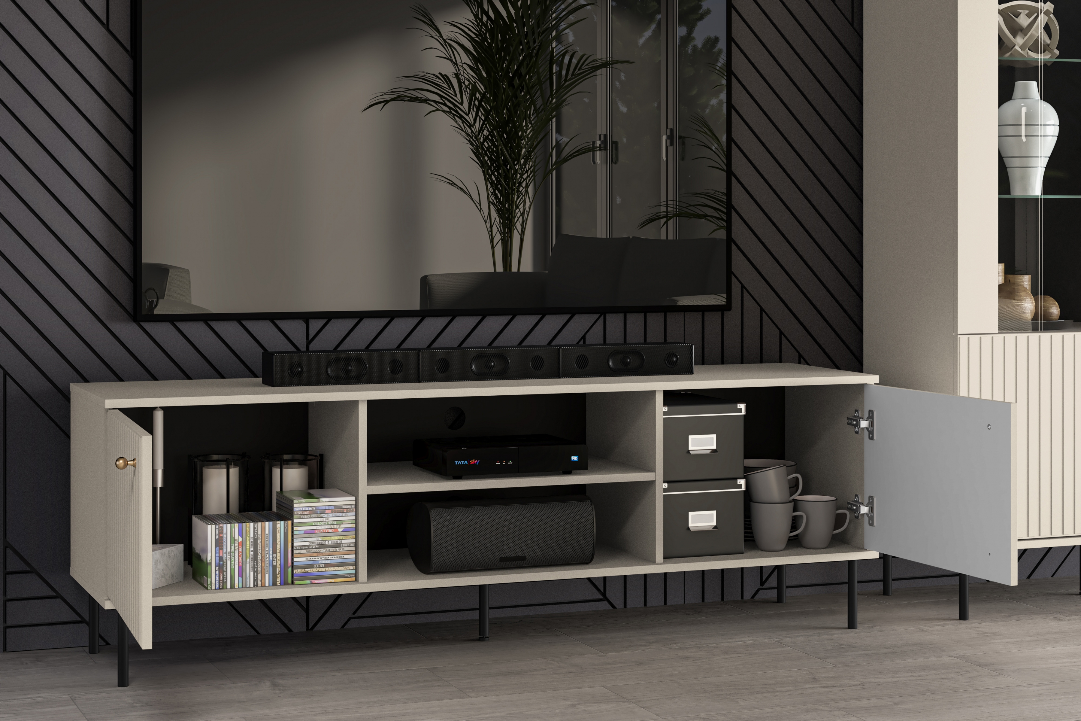 TV stolek Jamuzi 160 cm - kašmírová / černé nožky Skříňka RTV na kovových nohách Jamuzi 06 - 160 cm - kašmír / černá nozki