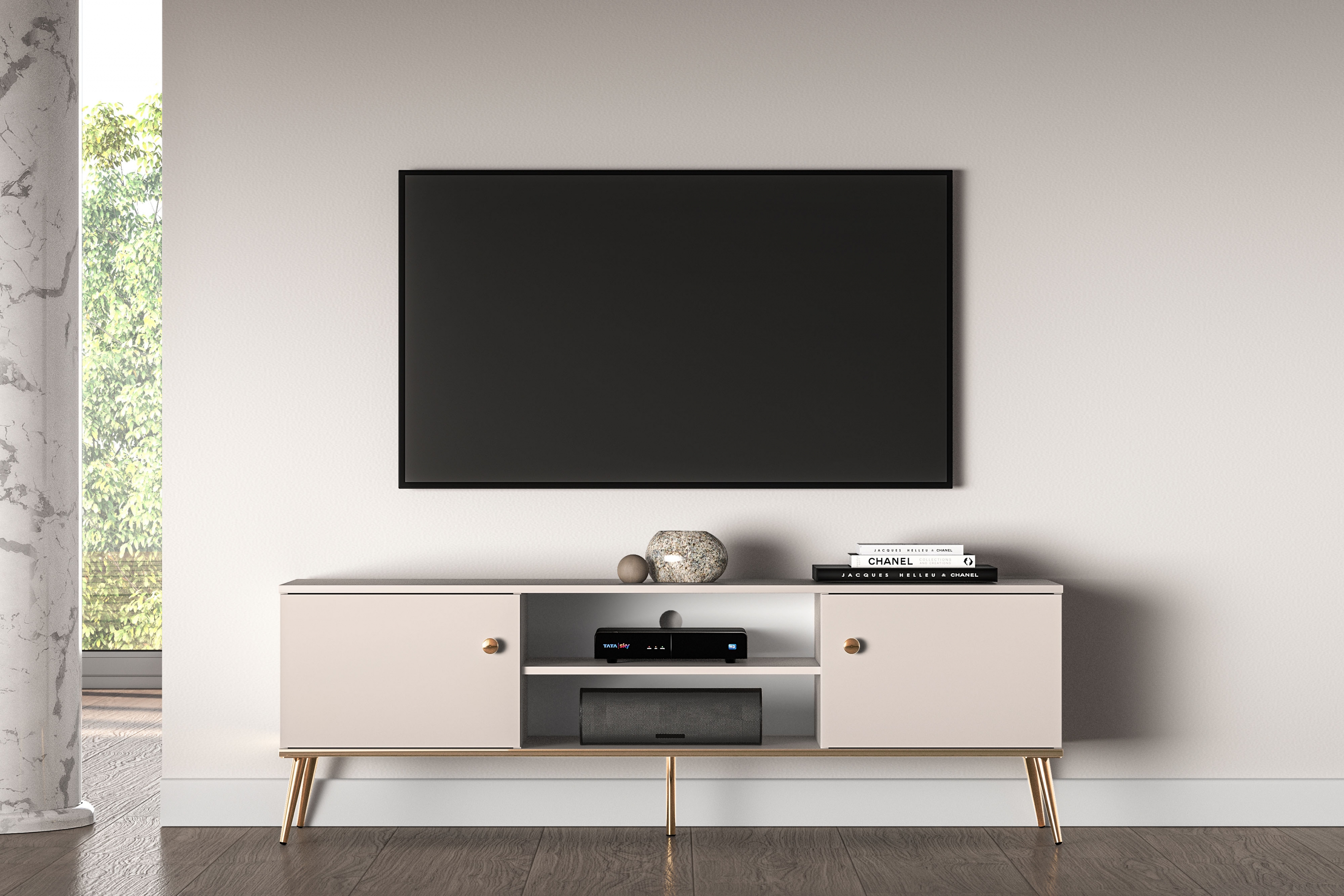 TV stolek Narelli 160 cm - kašmírový / zlaté nožky Skříňka RTV na kovových nohách Narelli 05 - 160 cm - kašmír / zlaté Nohy