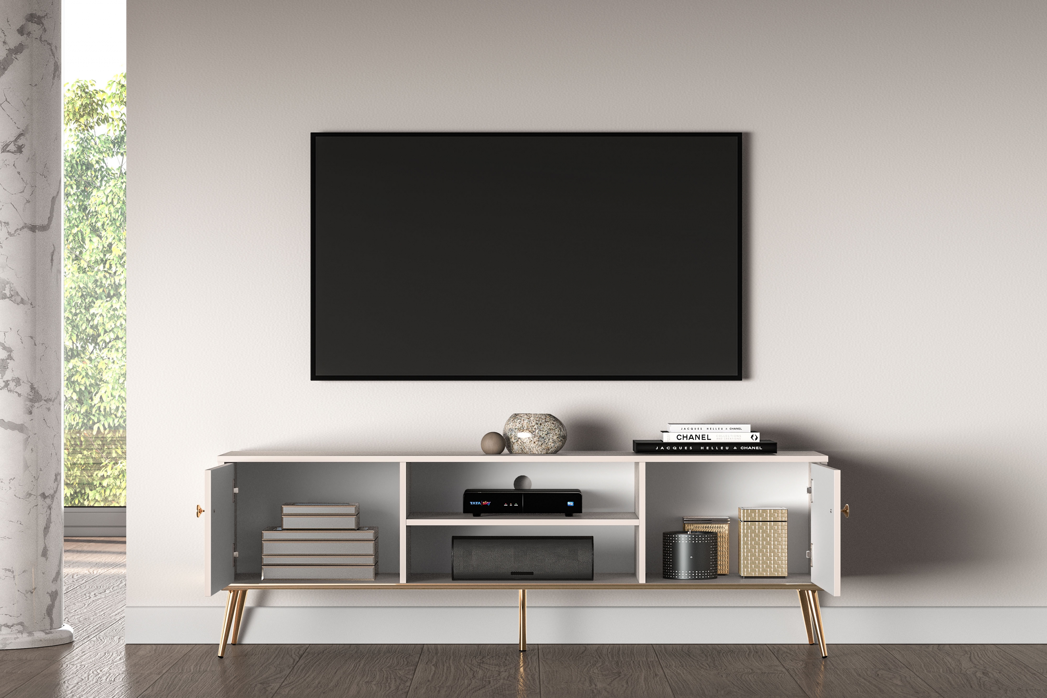 TV stolek Narelli 160 cm - kašmírový / zlaté nožky Skříňka RTV na kovových nohách Narelli 05 - 160 cm - kašmír / zlaté Nohy