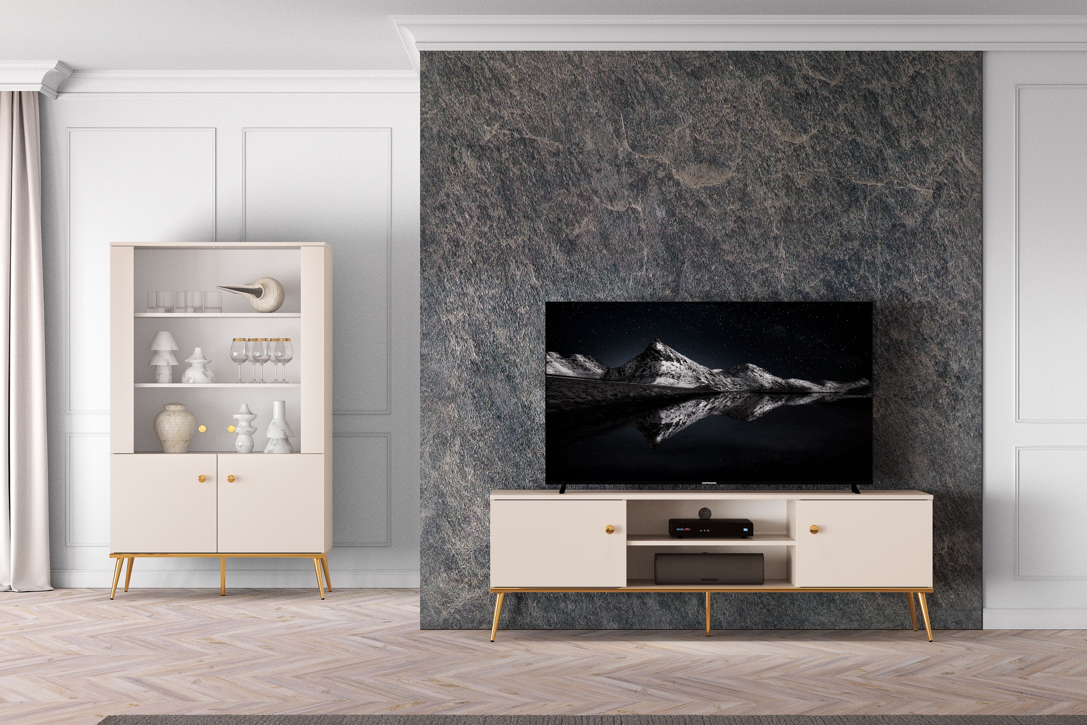 TV stolek Narelli 160 cm - kašmírový / zlaté nožky Skříňka RTV na kovových nohách Narelli 05 - 160 cm - kašmír / zlaté Nohy