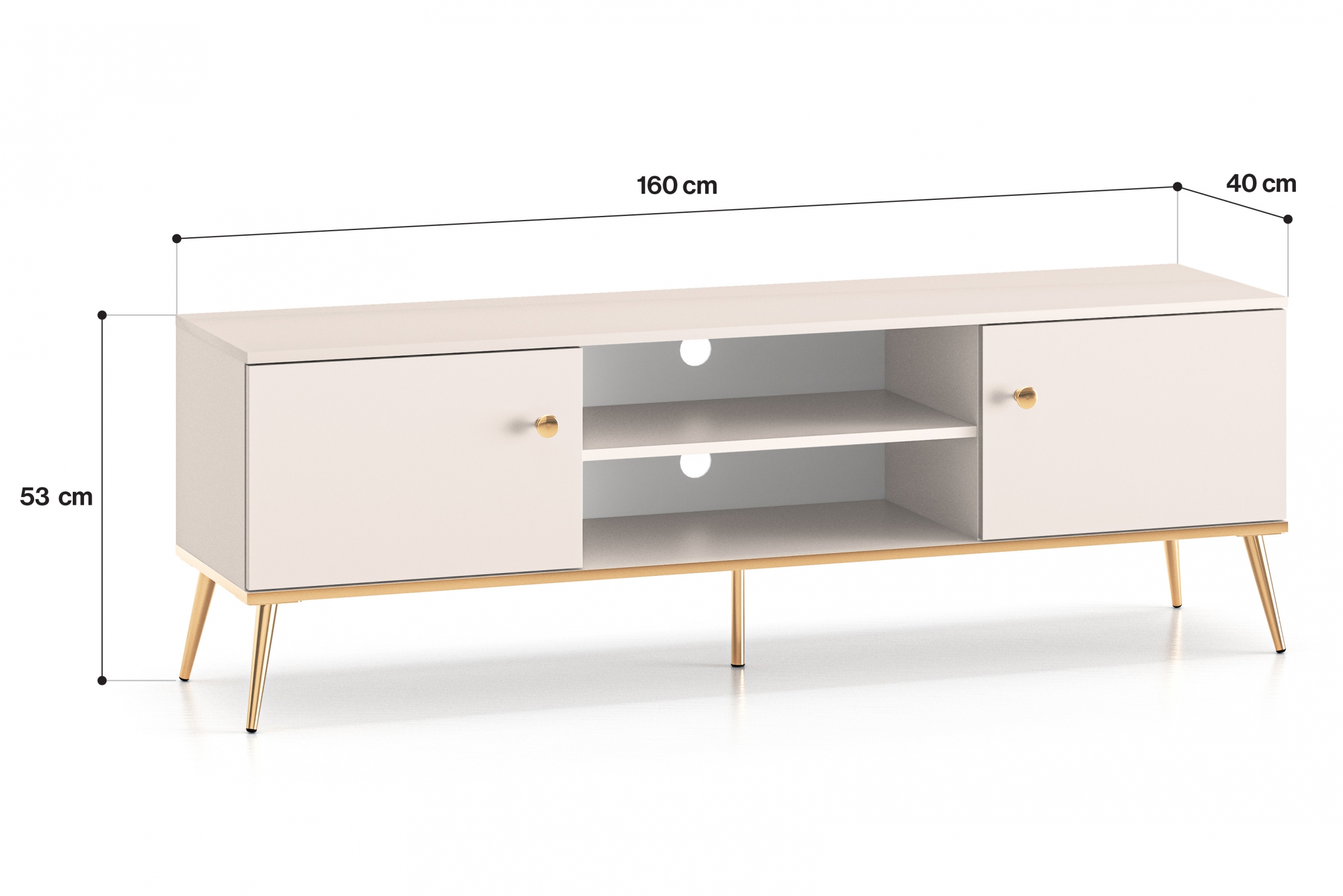 TV stolek Narelli 160 cm - kašmírový / zlaté nožky Skříňka RTV na kovových nohách Narelli 05 - 160 cm - kašmír / zlaté Nohy