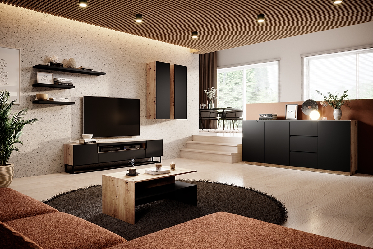 TV stolek Loftia 200 cm s výklenkem a kovovým rámem - dub artisan / černý mat Skříňka loftová