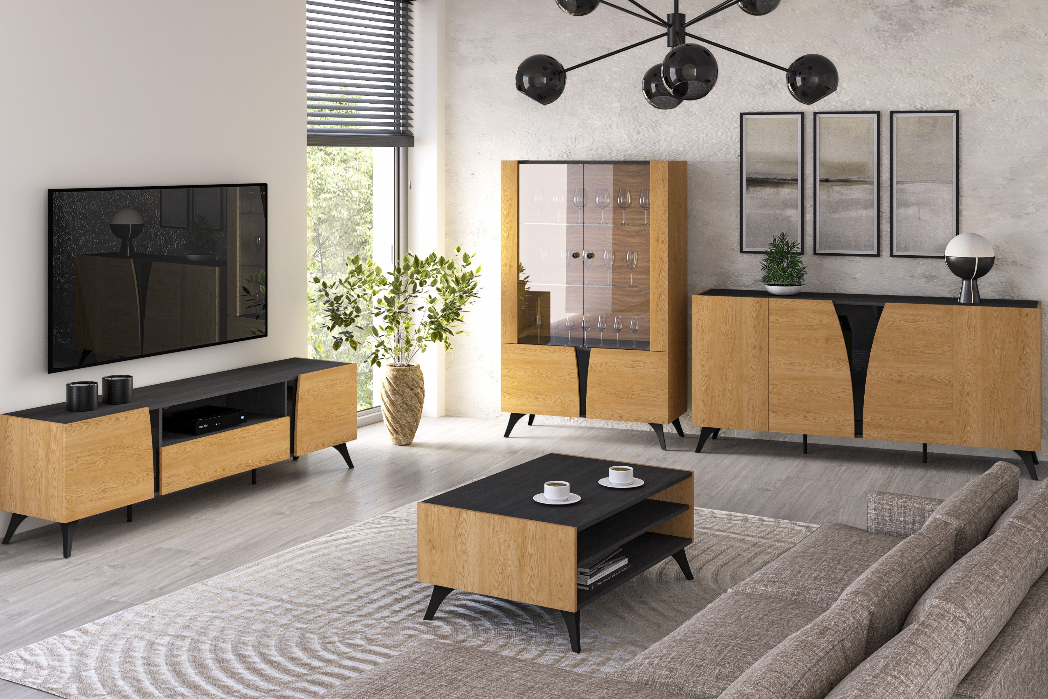 TV stolek Natina 06 se zásuvkou 180 cm - dub baltic dune / černý jasan portland skříňka RTV Natina 06 z szuflada - 180 cm - dub baltic dune / jasan portland černá