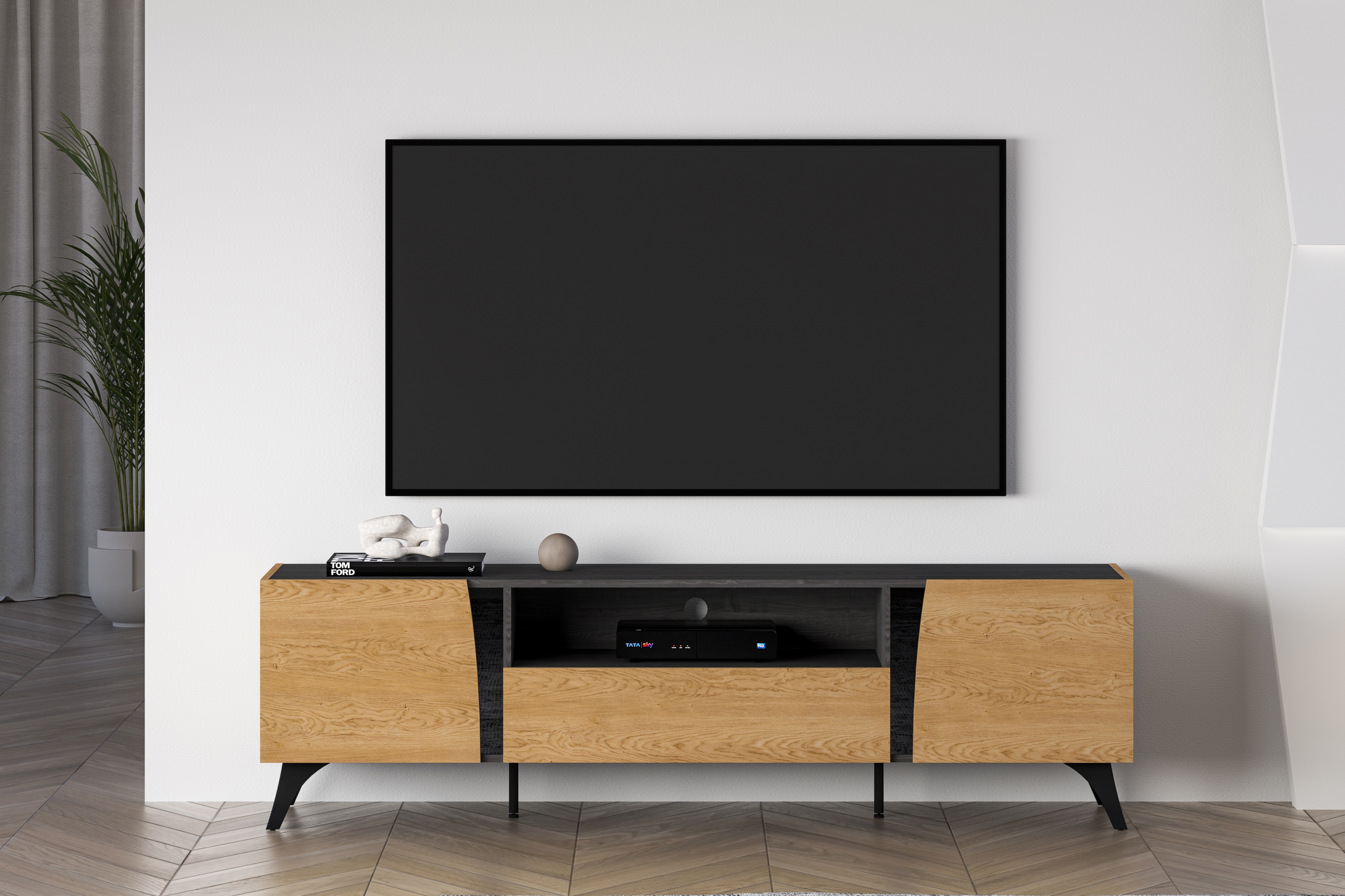 TV stolek Natina 06 se zásuvkou 180 cm - dub baltic dune / černý jasan portland skříňka RTV Natina 06 z szuflada - 180 cm - dub baltic dune / jasan portland černá