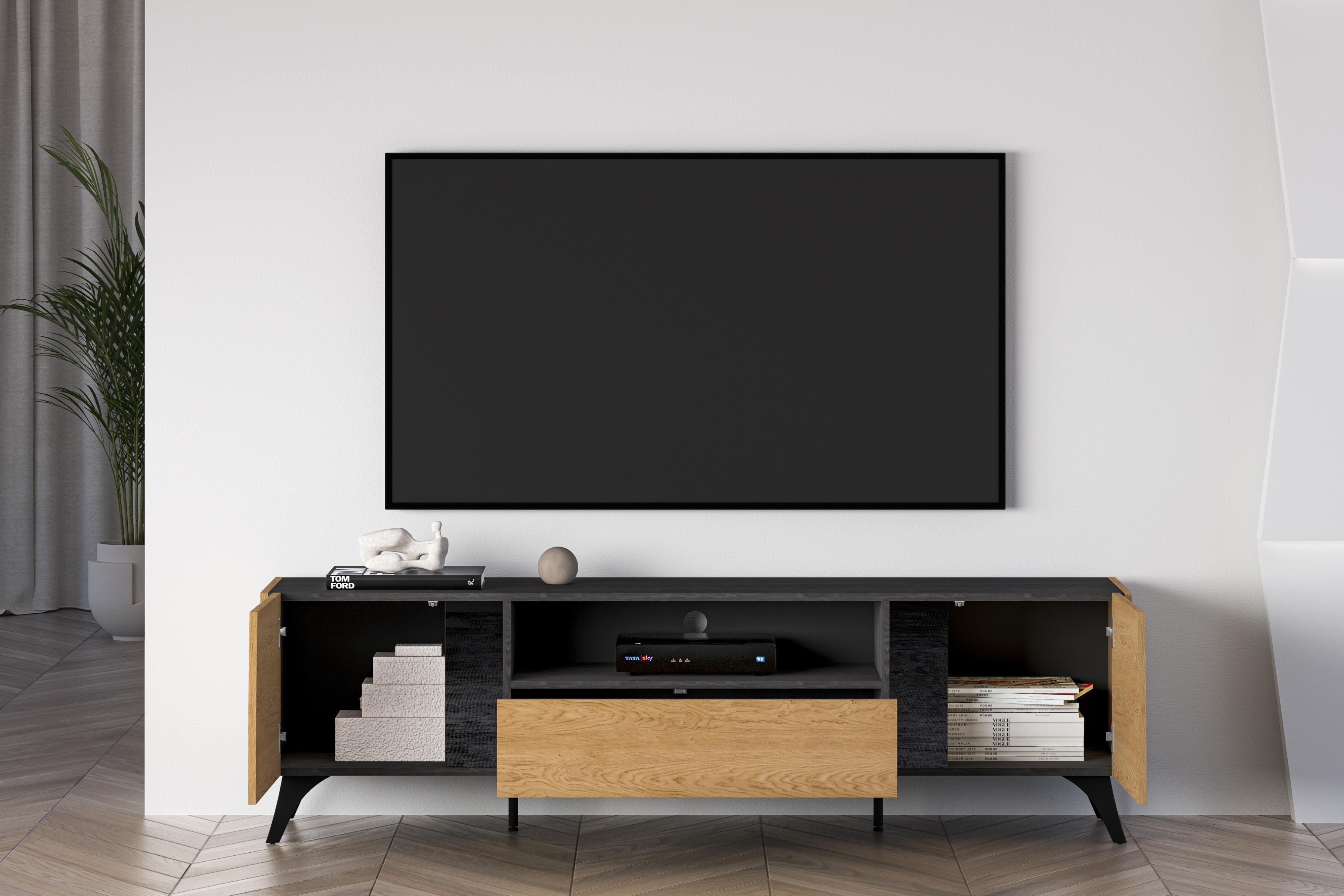 TV stolek Natina 06 se zásuvkou 180 cm - dub baltic dune / černý jasan portland skříňka RTV Natina 06 z szuflada - 180 cm - dub baltic dune / jasan portland černá