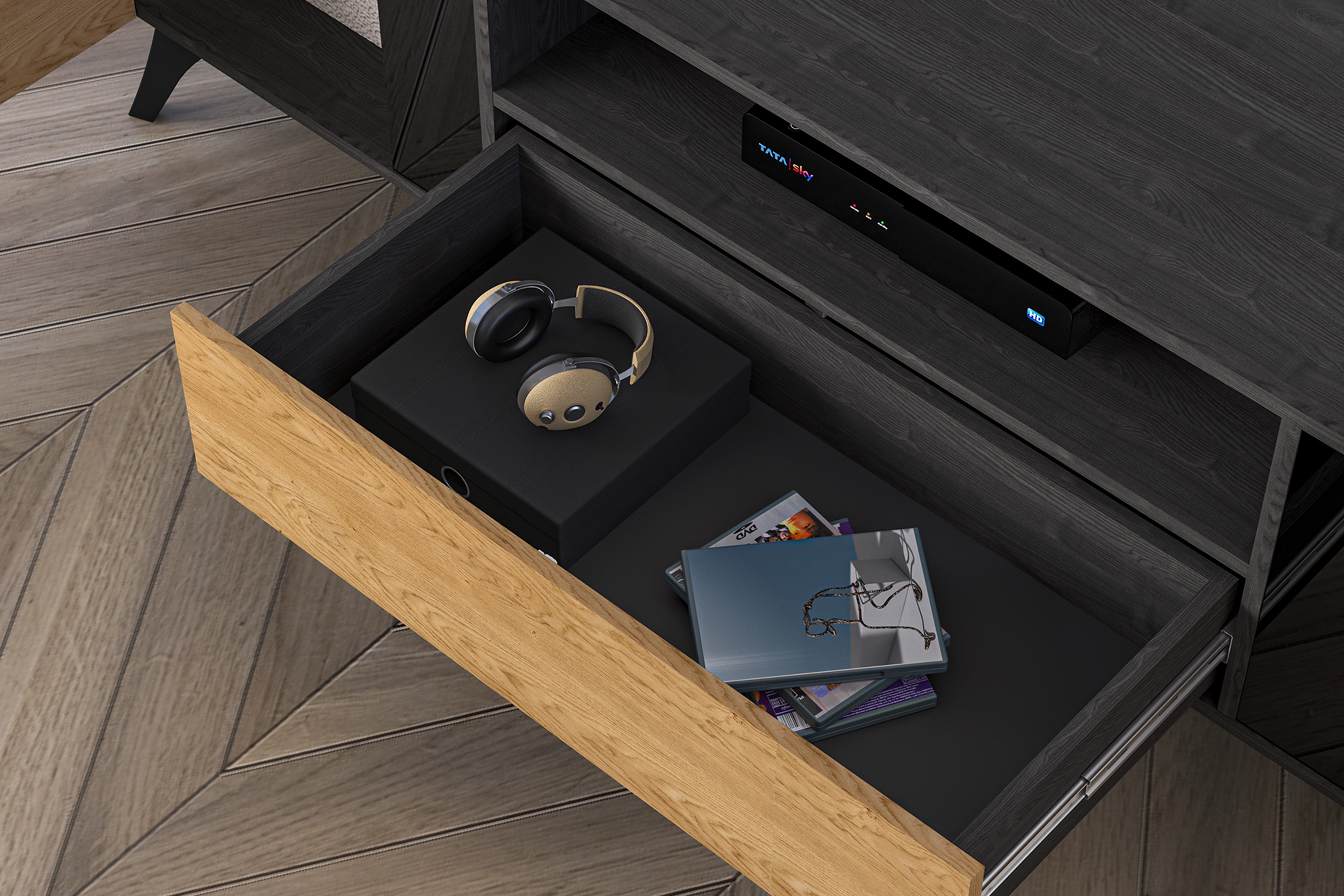 TV stolek Natina 06 se zásuvkou 180 cm - dub baltic dune / černý jasan portland skříňka RTV Natina 06 z szuflada - 180 cm - dub baltic dune / jasan portland černá