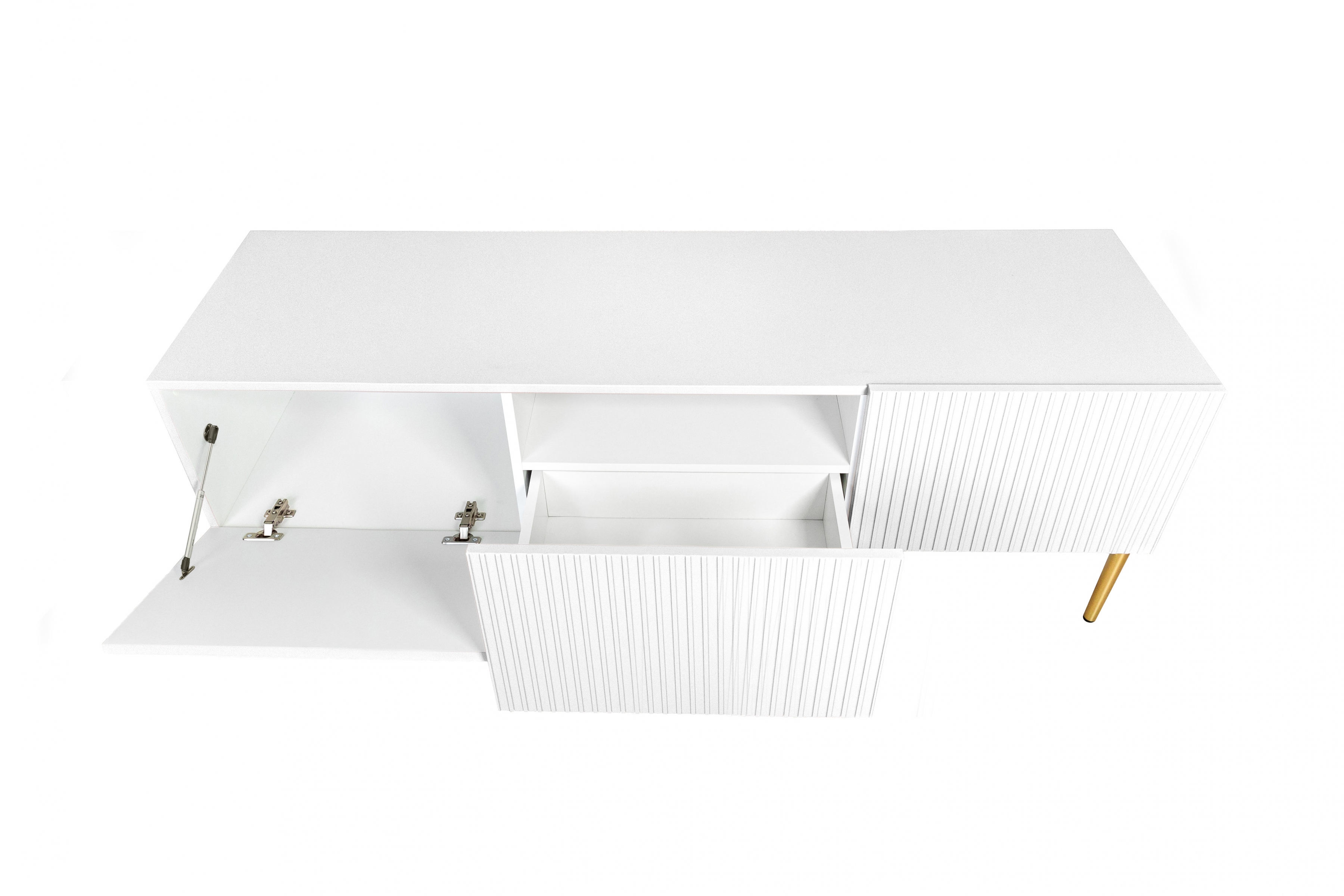 TV stolek Nicole 150 cm - bílý mat / zlaté nožky skříňka RTV Nicole 150 cm na kovových nohách z szuflada - bílý mat / zlote nozki