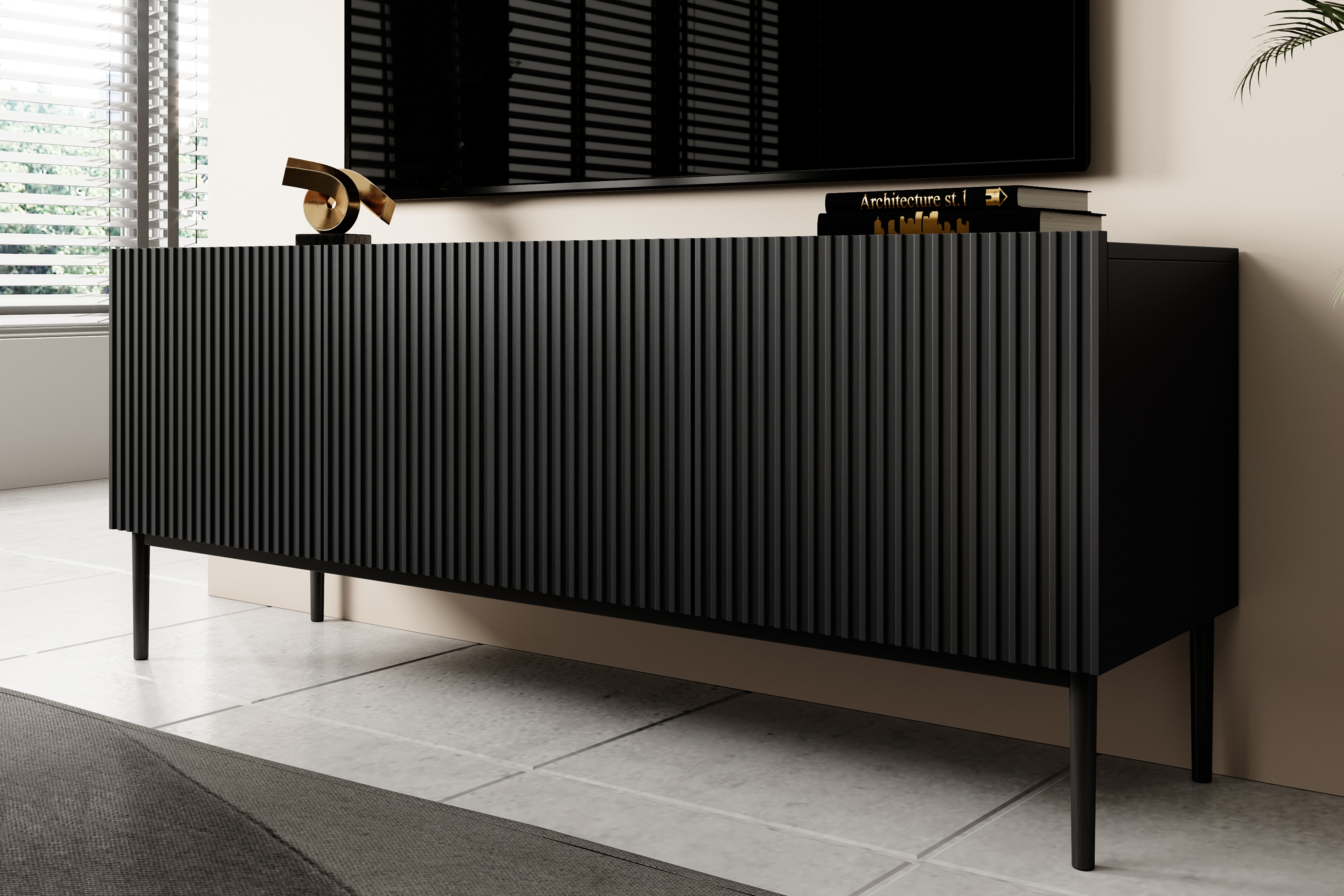 TV stolek Nicole 150 cm - černý mat / černé nožky skříňka RTV Nicole 150 cm na kovových nohách z szuflada - černá mat / černá nozki