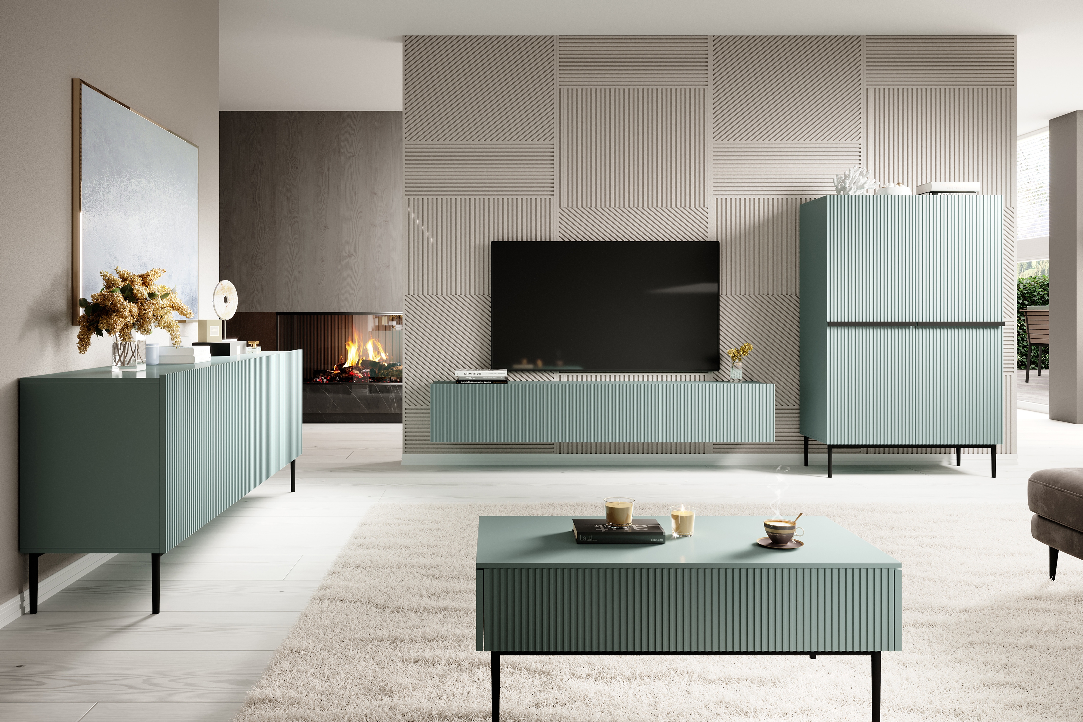 TV stolík Nicole 150 cm - šalviová / čierne nožičky TV skrinka Nicole 150 cm na kovových nohách z szuflada - szalwia / čierny nozki