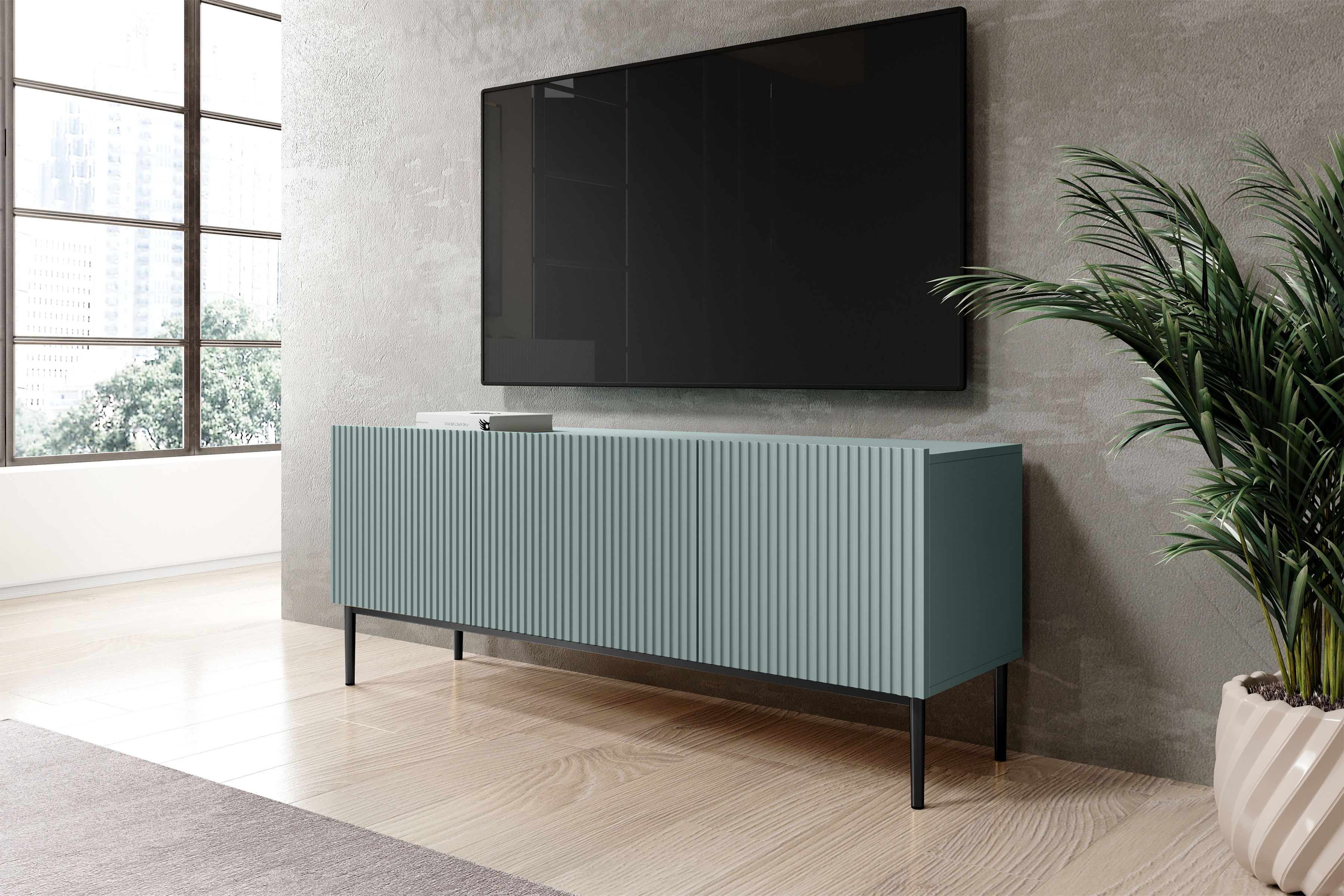 TV stolík Nicole 150 cm - šalviová / čierne nožičky TV skrinka Nicole 150 cm na kovových nohách z szuflada - szalwia / čierny nozki