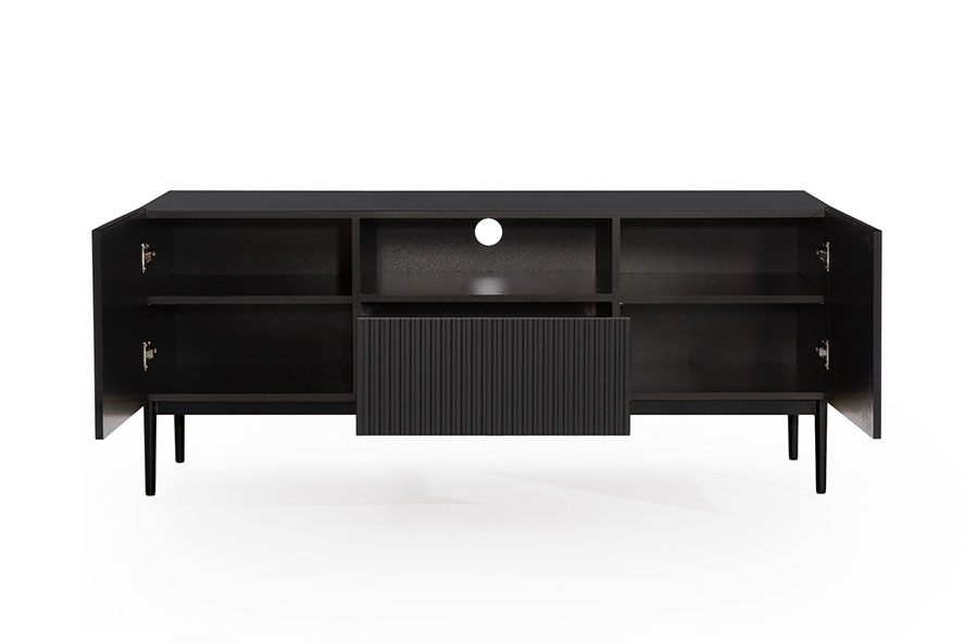 TV stolík Nicole 150 cm s otvorenou policou - čierny mat / čierne nožičky TV skrinka Nicole 150 cm z szuflada i wneka - Čierny mat / čierny nozki