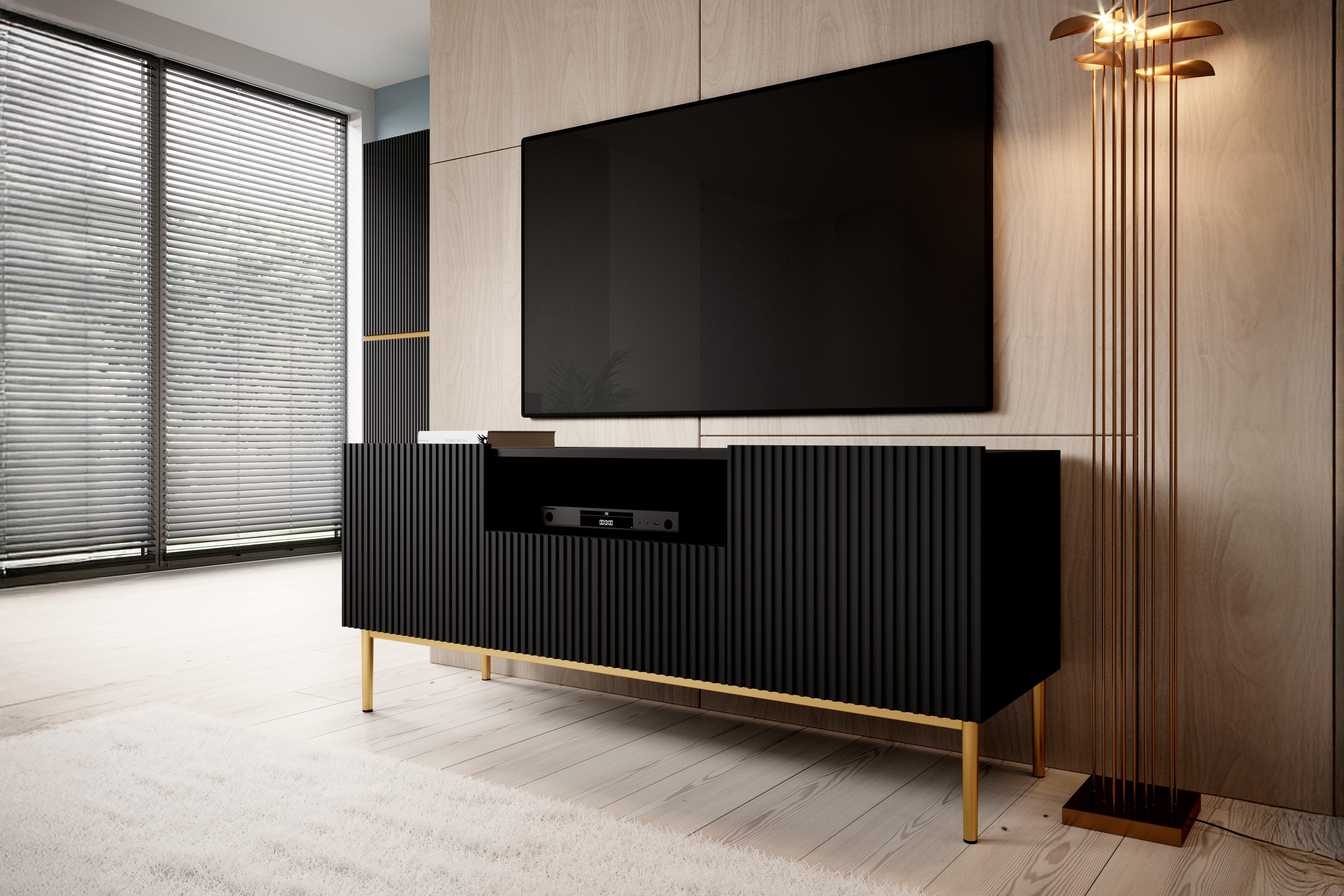 TV stolek Nicole 150 cm s výklenkem - černý mat / zlaté nožky skříňka RTV Nicole 150 cm z szuflada i wneka - černá mat / zlote nozki