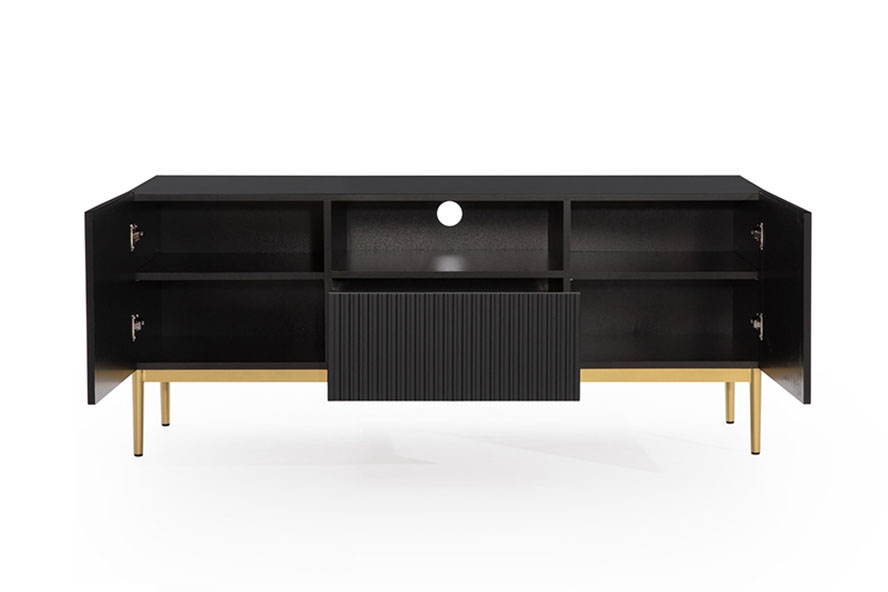 TV stolek Nicole 150 cm s výklenkem - černý mat / zlaté nožky skříňka RTV Nicole 150 cm z szuflada i wneka - černá mat / zlote nozki