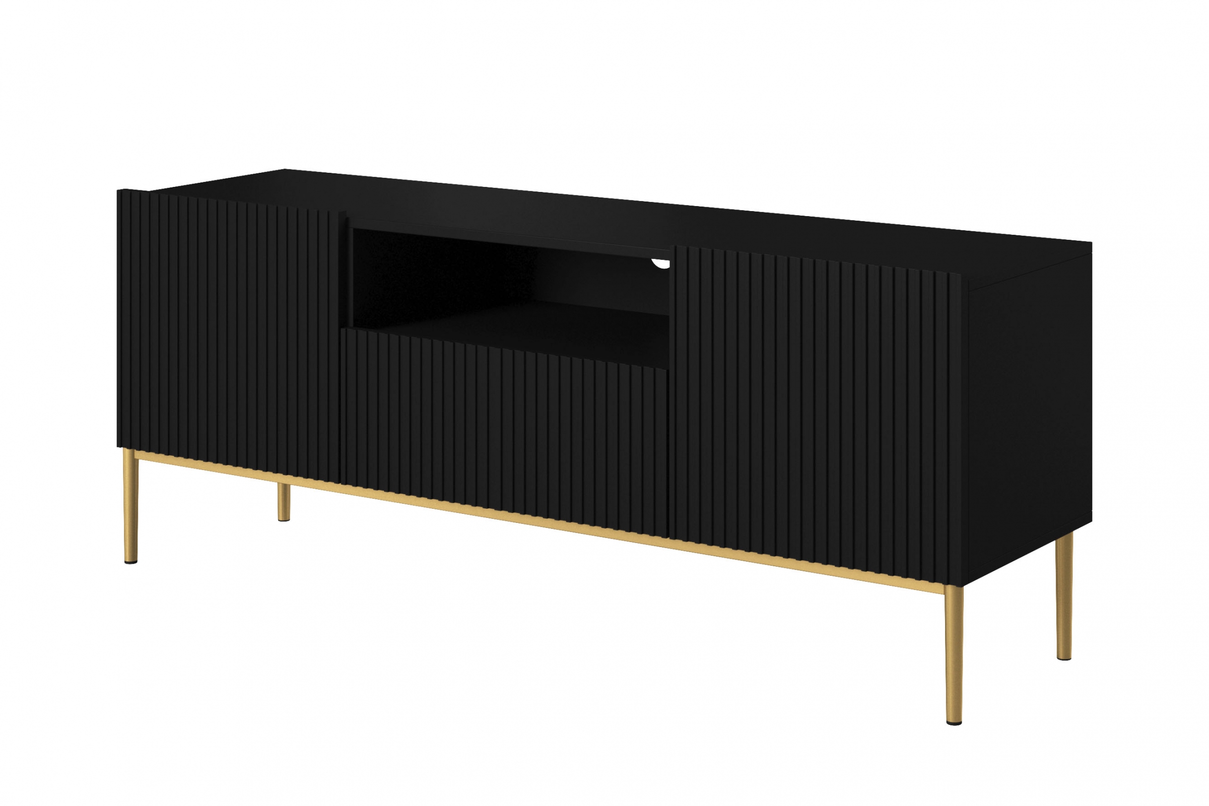 TV stolek Nicole 150 cm s výklenkem - černý mat / zlaté nožky skříňka RTV Nicole 150 cm z szuflada i wneka - černá mat / zlote nozki