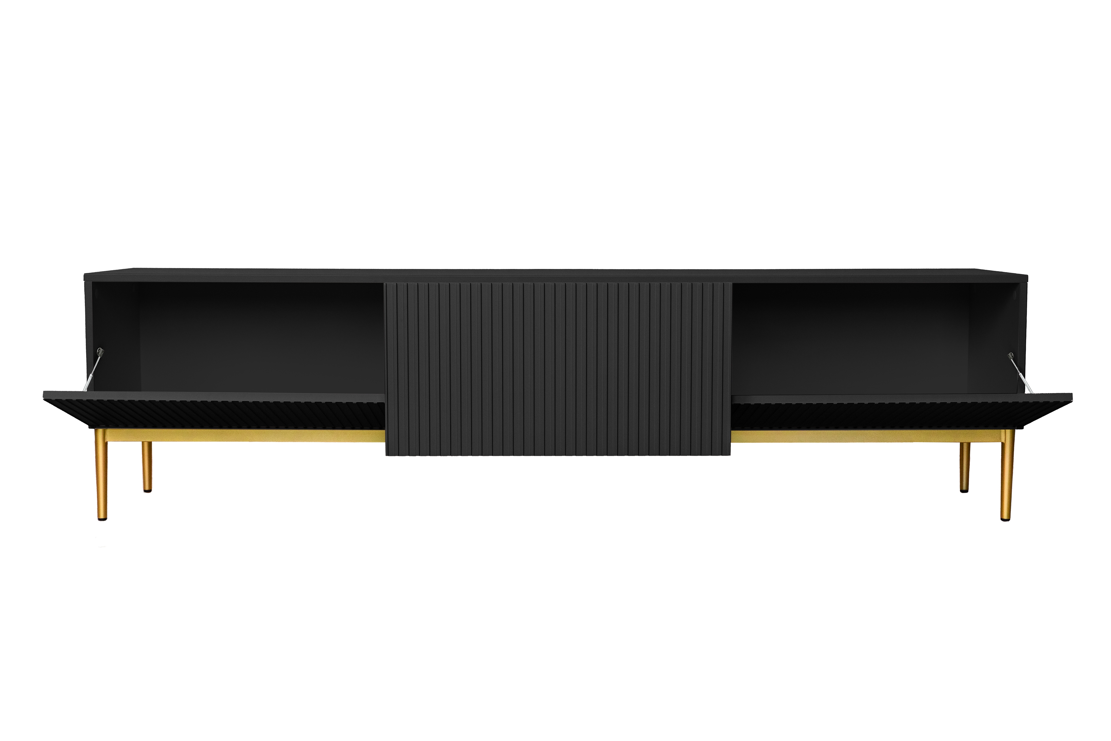 TV stolík Nicole 200 cm na metalových nožičkách so zásuvkou - čierny mat / zlaté nožičky TV skrinka Nicole 200 cm na kovových nohách z szuflada - Čierny mat / zlote nozki