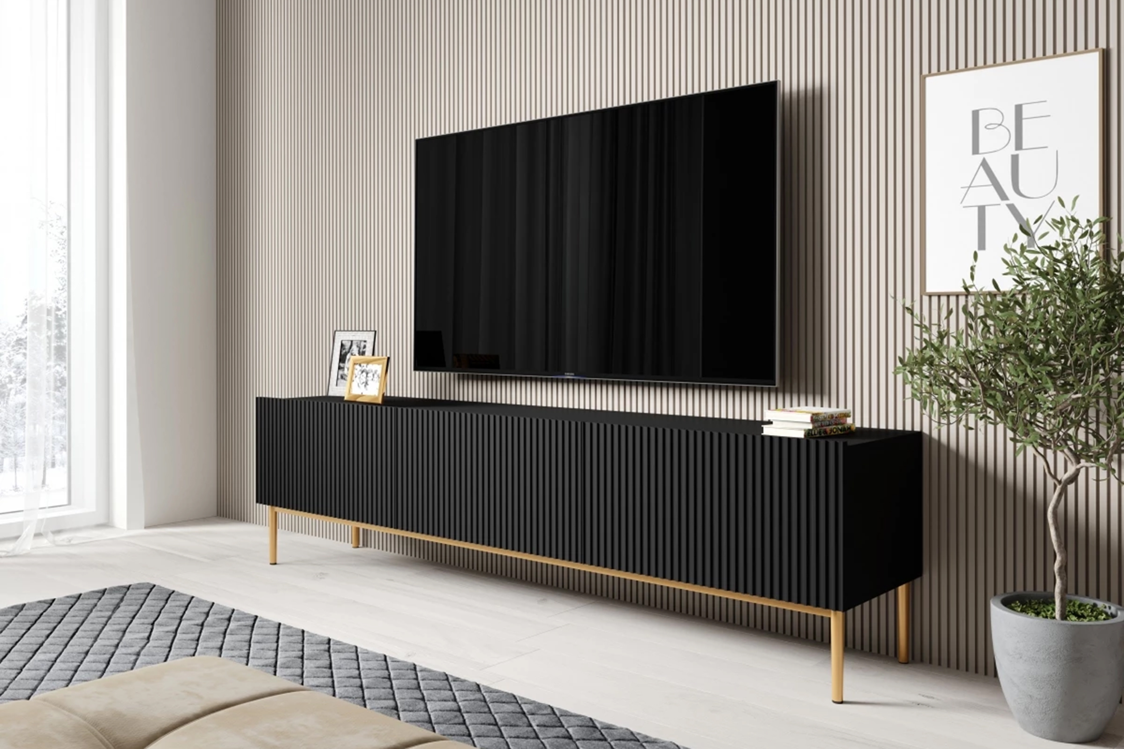 TV stolík Nicole 200 cm na metalových nožičkách so zásuvkou - čierny mat / zlaté nožičky TV skrinka Nicole 200 cm na kovových nohách z szuflada - Čierny mat / zlote nozki