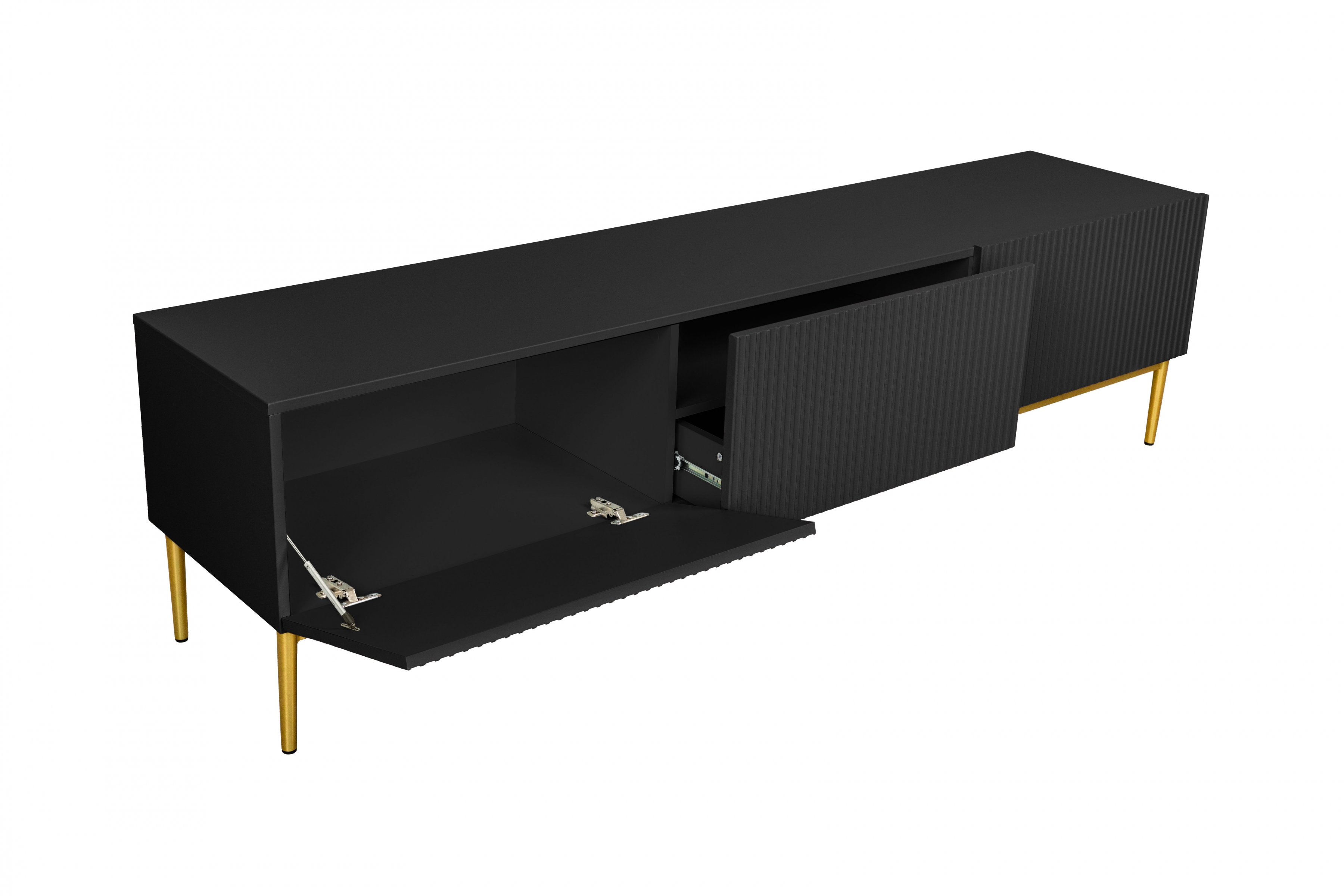 TV stolík Nicole 200 cm na metalových nožičkách so zásuvkou - čierny mat / zlaté nožičky TV skrinka Nicole 200 cm na kovových nohách z szuflada - Čierny mat / zlote nozki