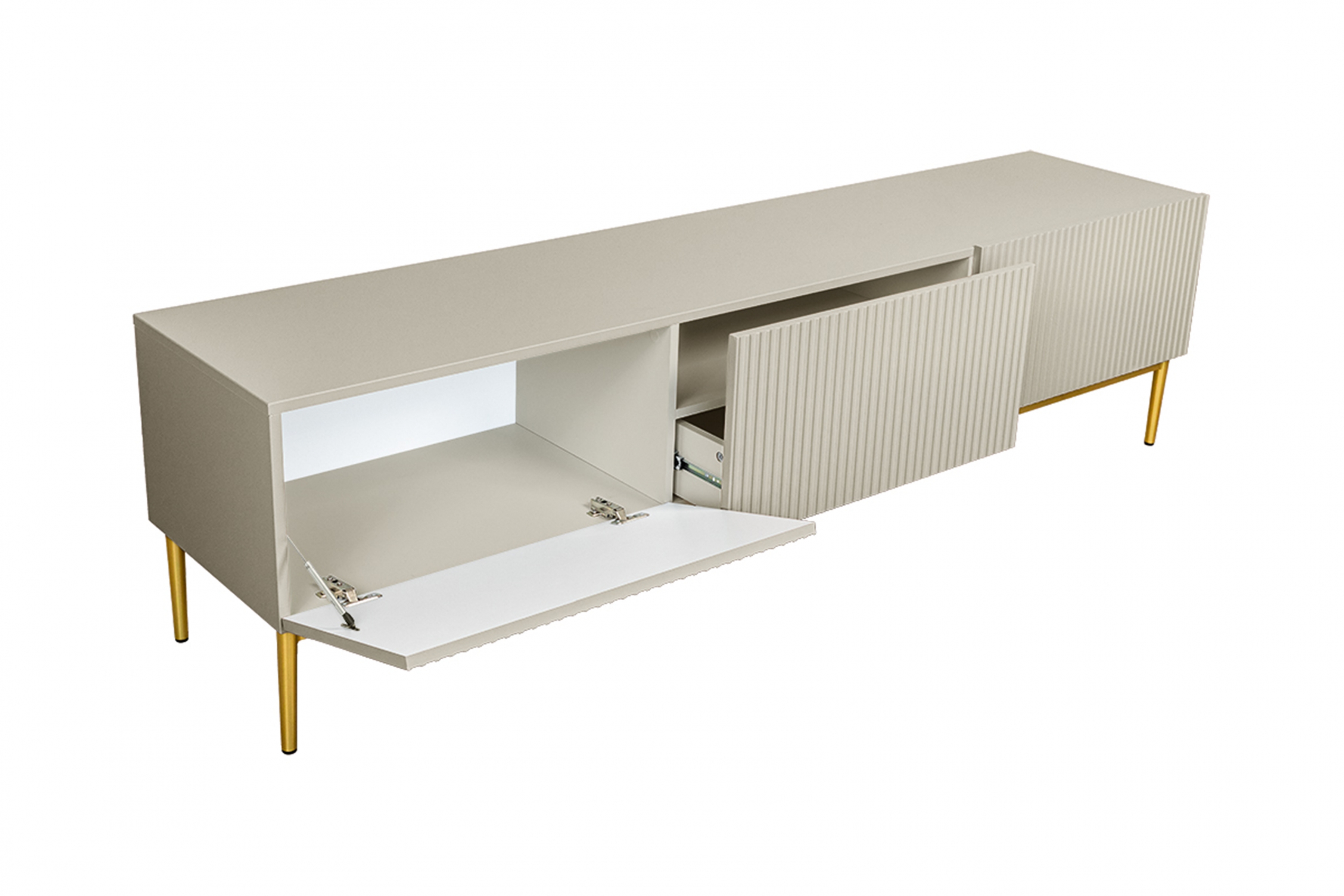 Skrinka RTV Nicole 200 cm na kovových nožičkách so zásuvkou - kašmírová / zlaté nožičky TV skrinka Nicole 200 cm na kovových nohách z szuflada - kašmír / zlote nozki