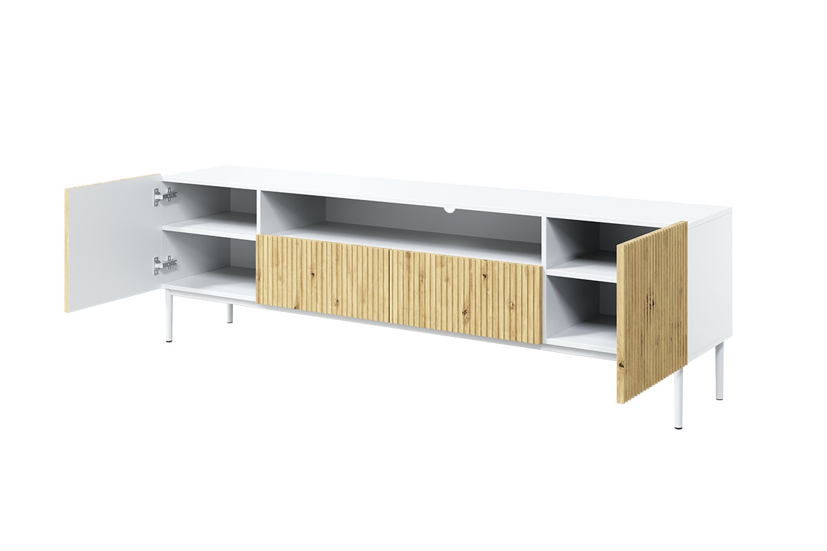 TV stolík Nicole 200 cm s otvorenou policou - biela / dub artisan / biele nožičky - Koncovka série Skrinka Biela