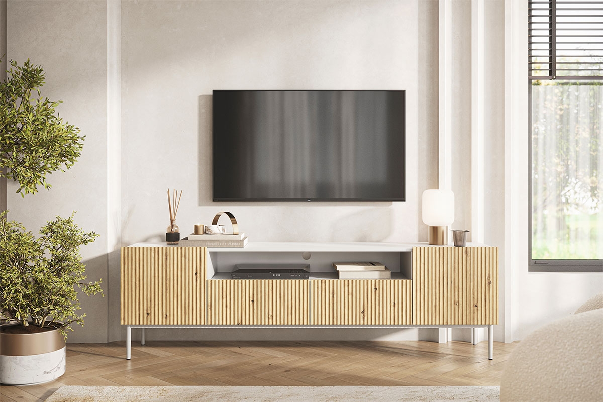 TV stolík Nicole 200 cm s otvorenou policou - biela / dub artisan / biele nožičky - Koncovka série TV skrinka .
