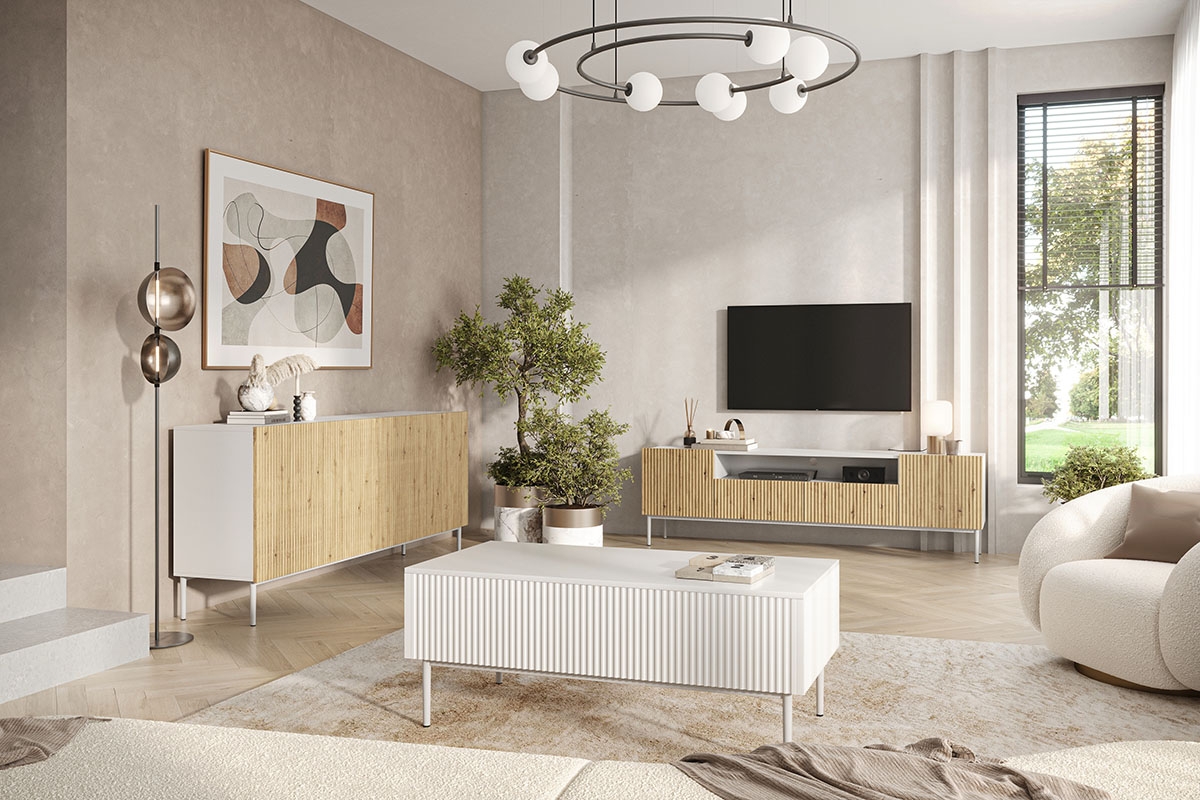 TV stolík Nicole 200 cm s otvorenou policou - biela / dub artisan / biele nožičky - Koncovka série Skrinka do obývačky