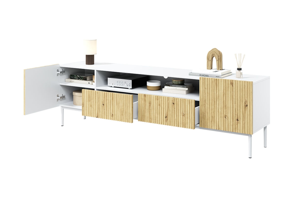 TV stolík Nicole 200 cm s otvorenou policou - biela / dub artisan / biele nožičky - Koncovka série TV skrinka s drážkovanou prednou stranou