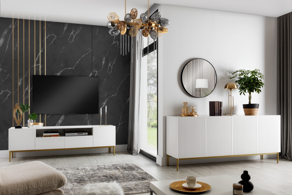 TV stolík Nicole 200 cm s výklenkom a zásuvkami – biely mat / zlaté nožičky Nicole