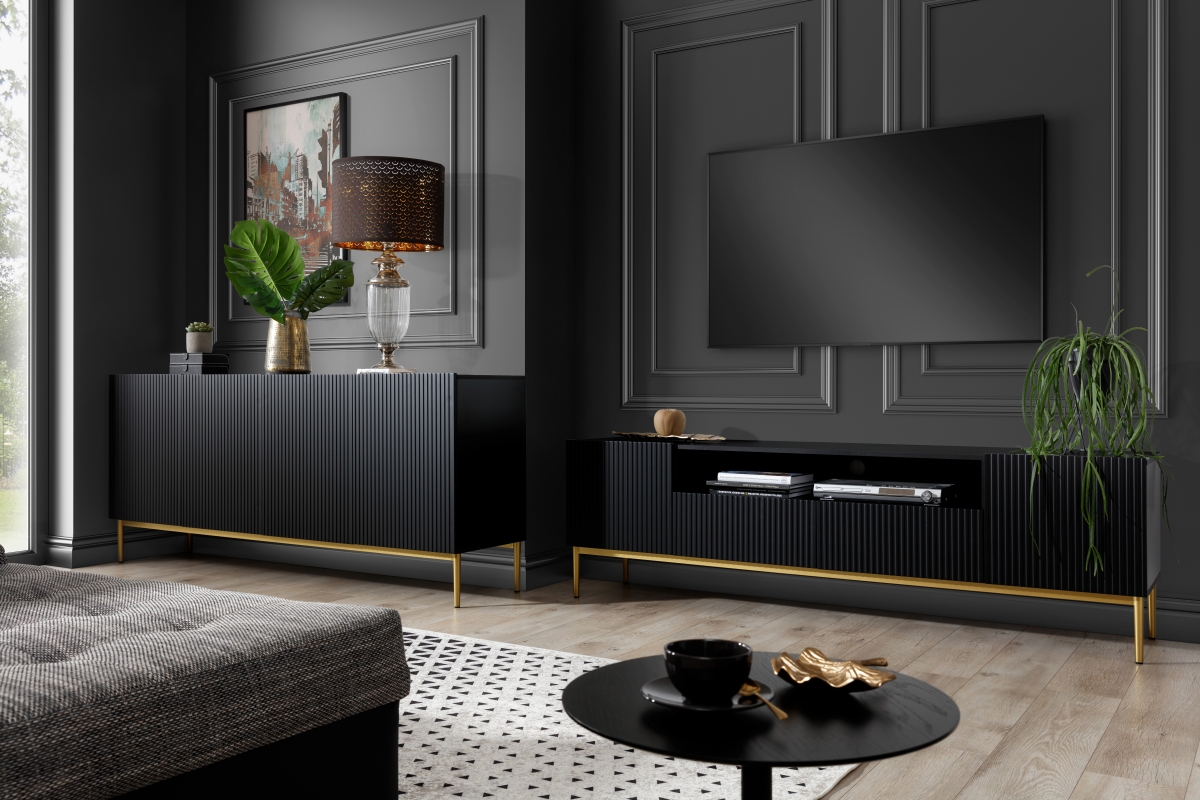 RTV skrinka Nicole 200 cm s výklenkom a zásuvkami - čierny mat / zlaté nožičky TV skrinka 