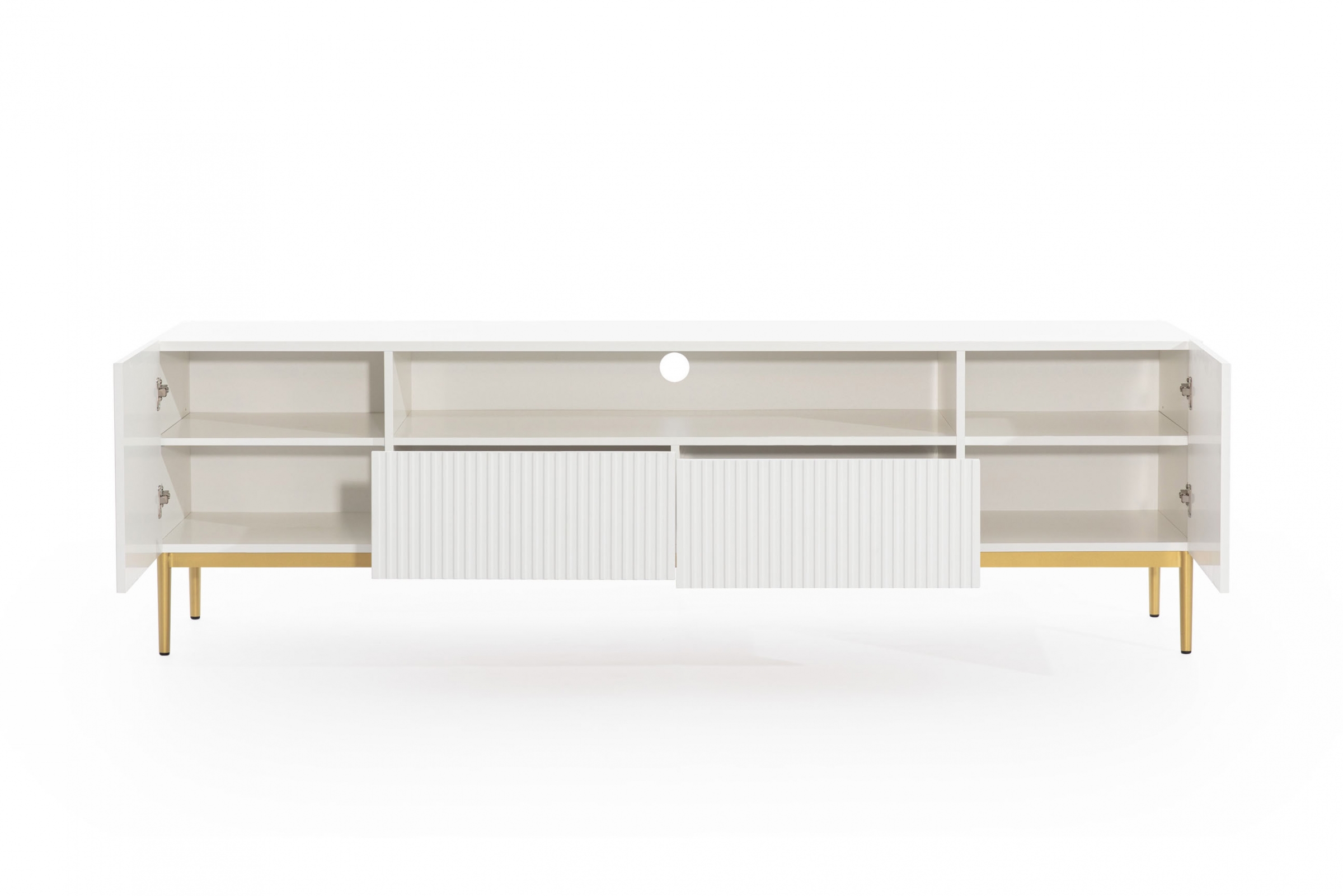 TV stolík Nicole 200 cm s výklenkom a zásuvkami – biely mat / zlaté nožičky TV skrinka Nicole 200 cm z wneka i zásuvkami - biely mat / zlote nozki