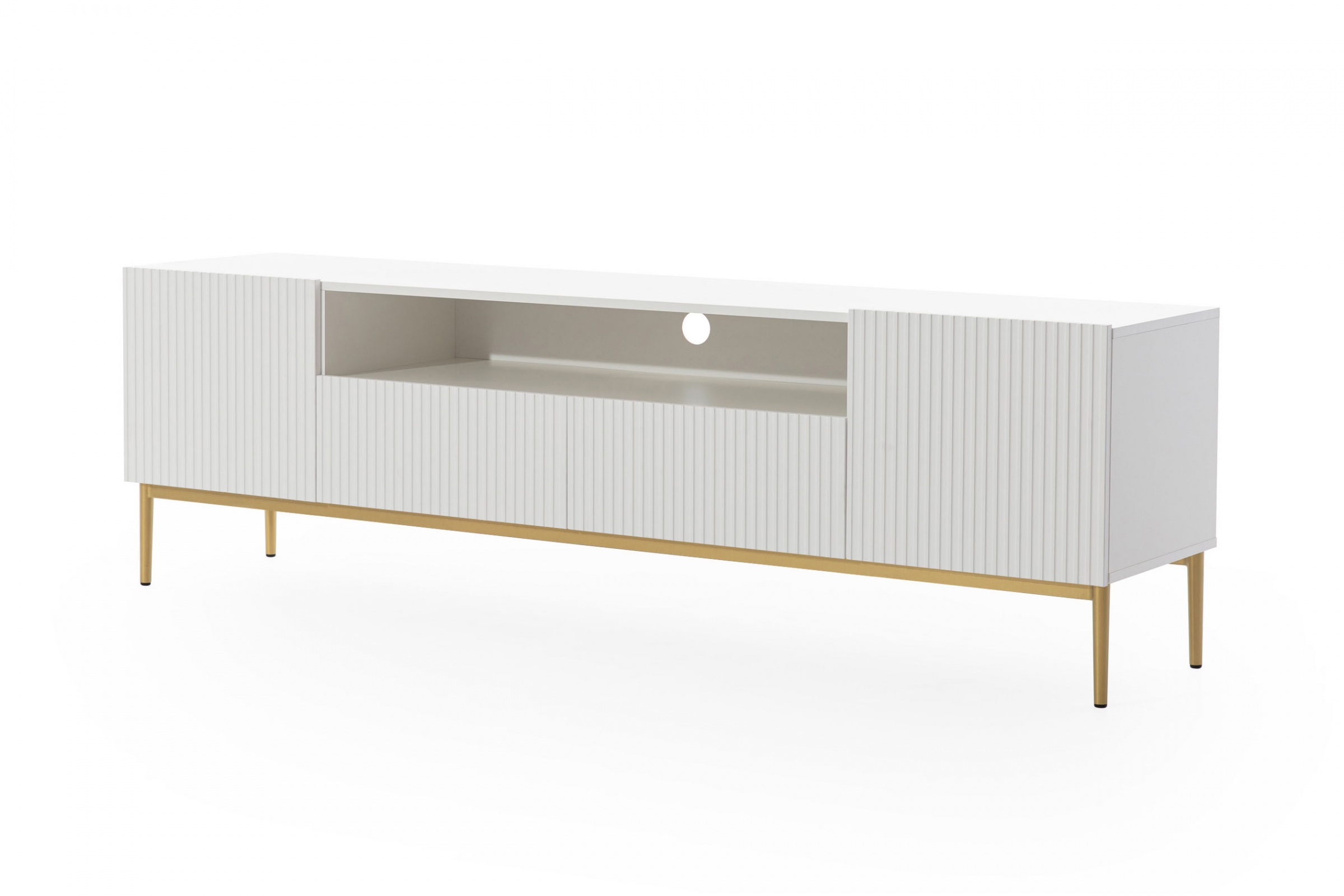 TV stolík Nicole 200 cm s výklenkom a zásuvkami – biely mat / zlaté nožičky TV skrinka Nicole 200 cm z wneka i zásuvkami - biely mat / zlote nozki