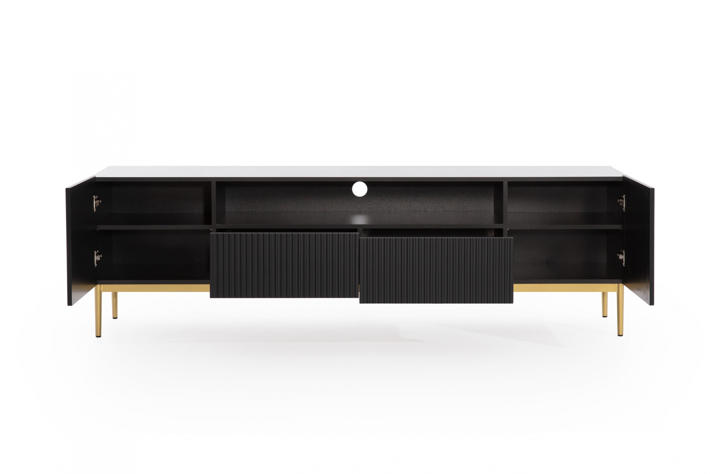RTV skrinka Nicole 200 cm s výklenkom a zásuvkami - čierny mat / zlaté nožičky TV skrinka Nicole 200 cm z wneka i zásuvkami - Čierny mat / zlote nozki