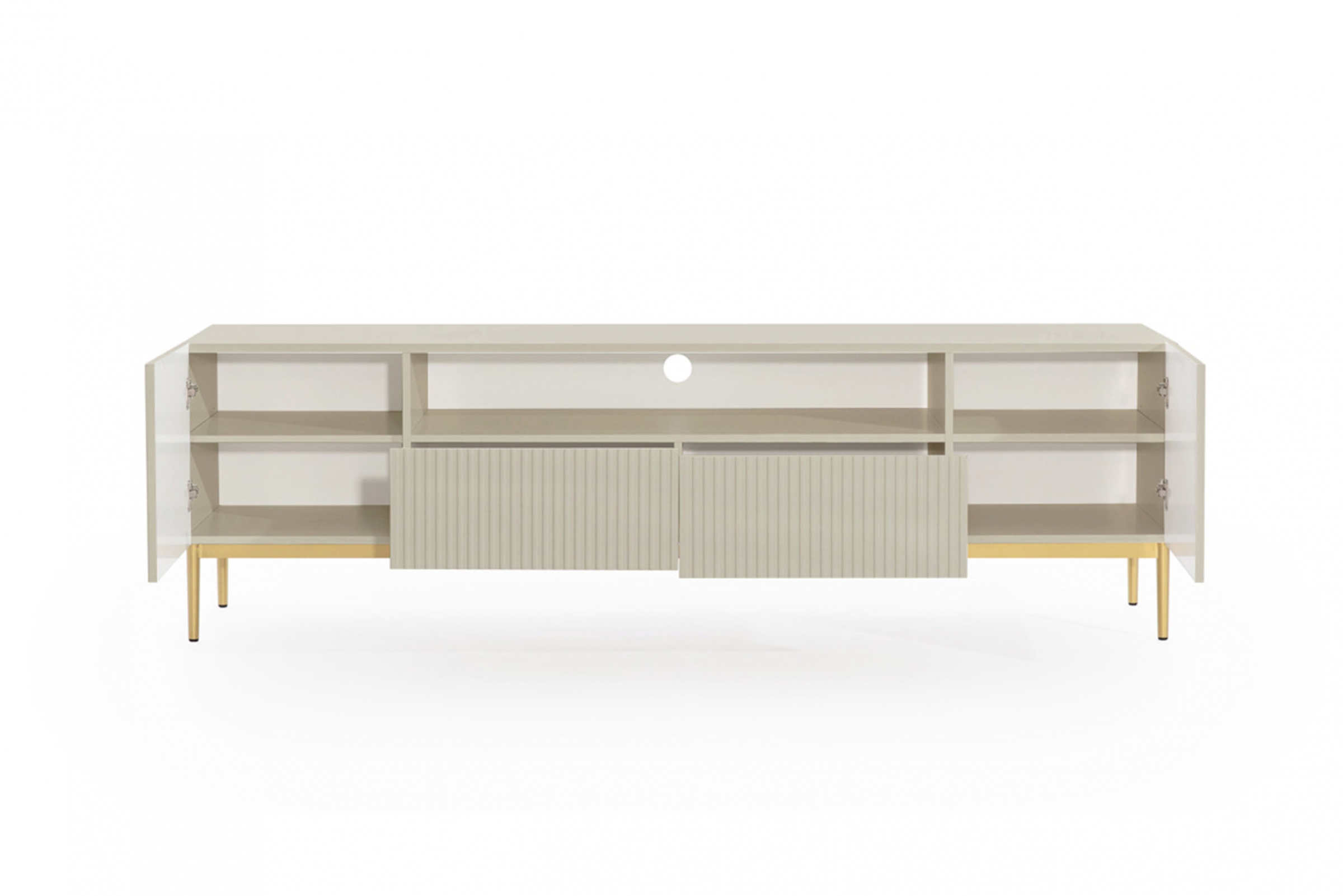 RTV skrinka Nicole 200 cm so zásuvkami a otvorenou priehradkou - kašmír / zlaté nožičky TV skrinka Nicole 200 cm z wneka i zásuvkami - kašmír / zlote nozki