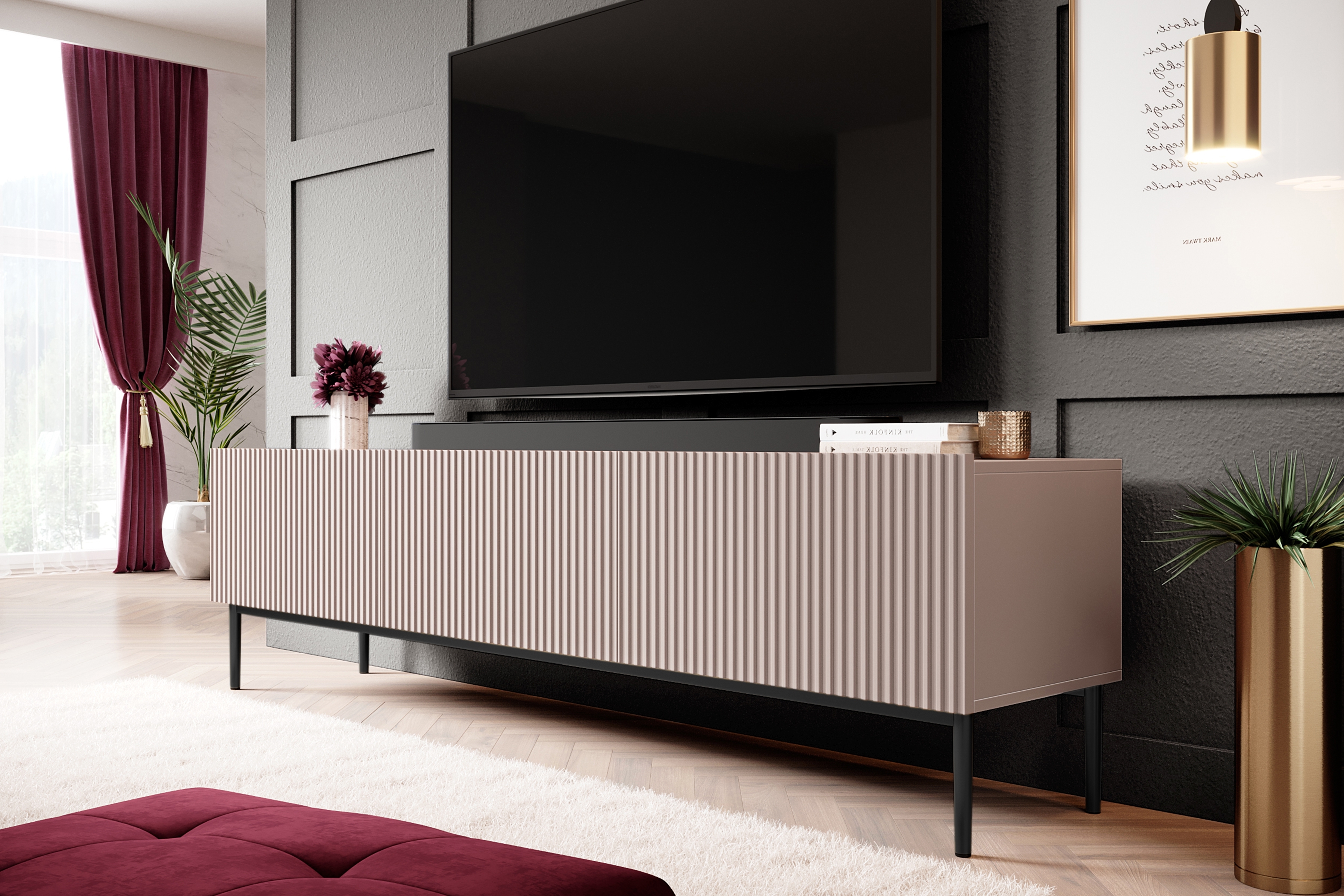 TV skříňka Nicole 200 cm - antická růžová / černé nožky Skříňka RTV Nicole z szuflada i metalowymi nogami 200 cm - antický Růžová / černá nozki