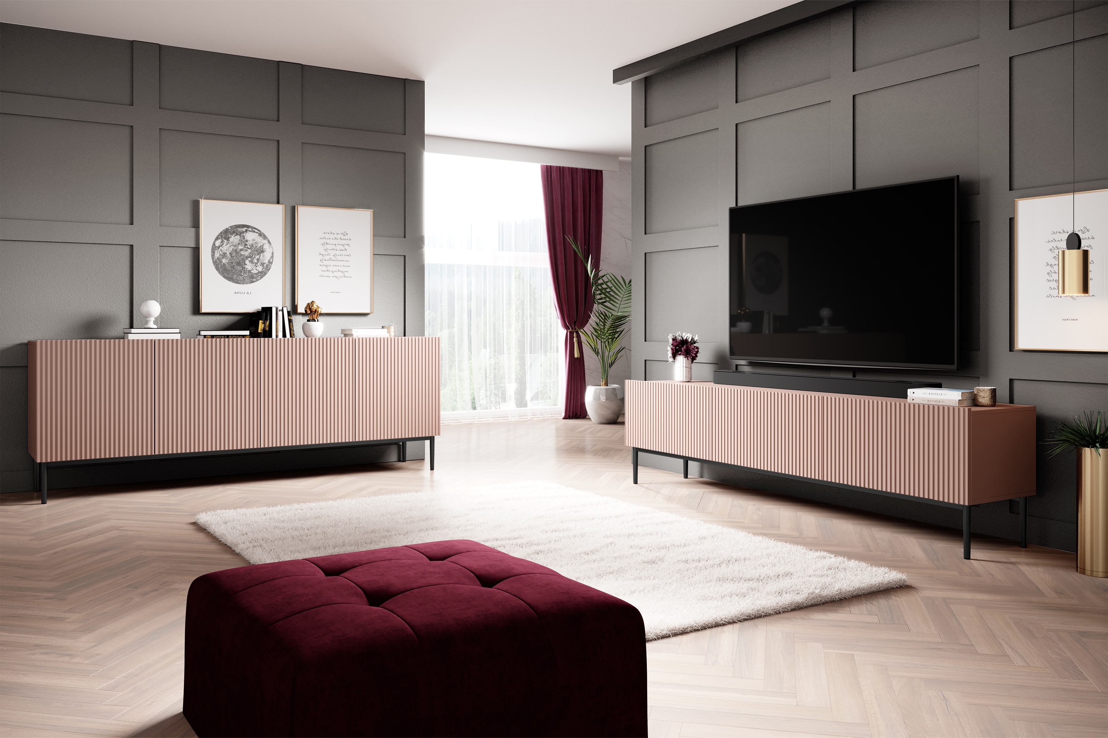 TV skříňka Nicole 200 cm - antická růžová / černé nožky Skříňka RTV Nicole z szuflada i metalowymi nogami 200 cm - antický Růžová / černá nozki