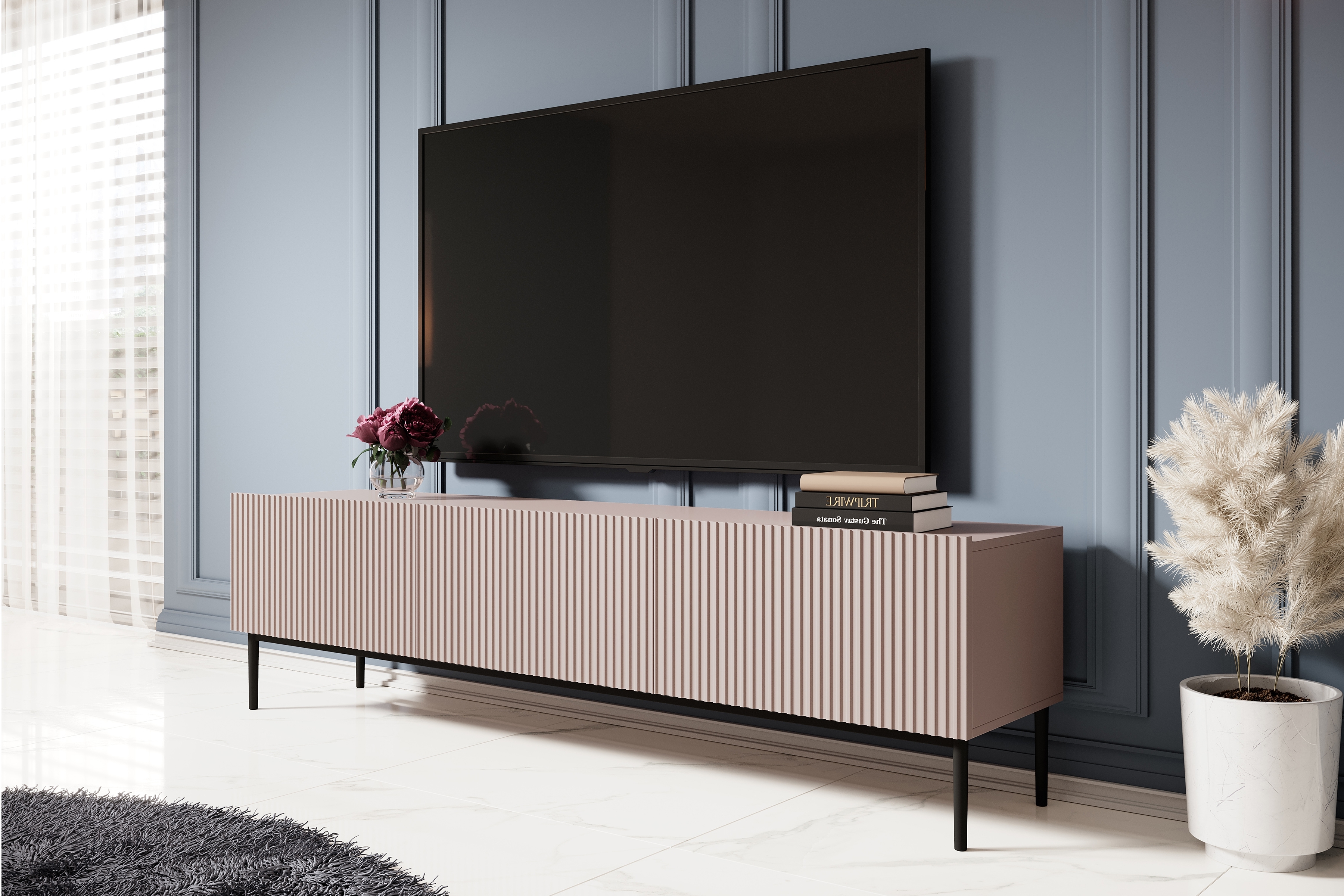 TV skříňka Nicole 200 cm - antická růžová / černé nožky Skříňka RTV Nicole z szuflada i metalowymi nogami 200 cm - antický Růžová / černá nozki