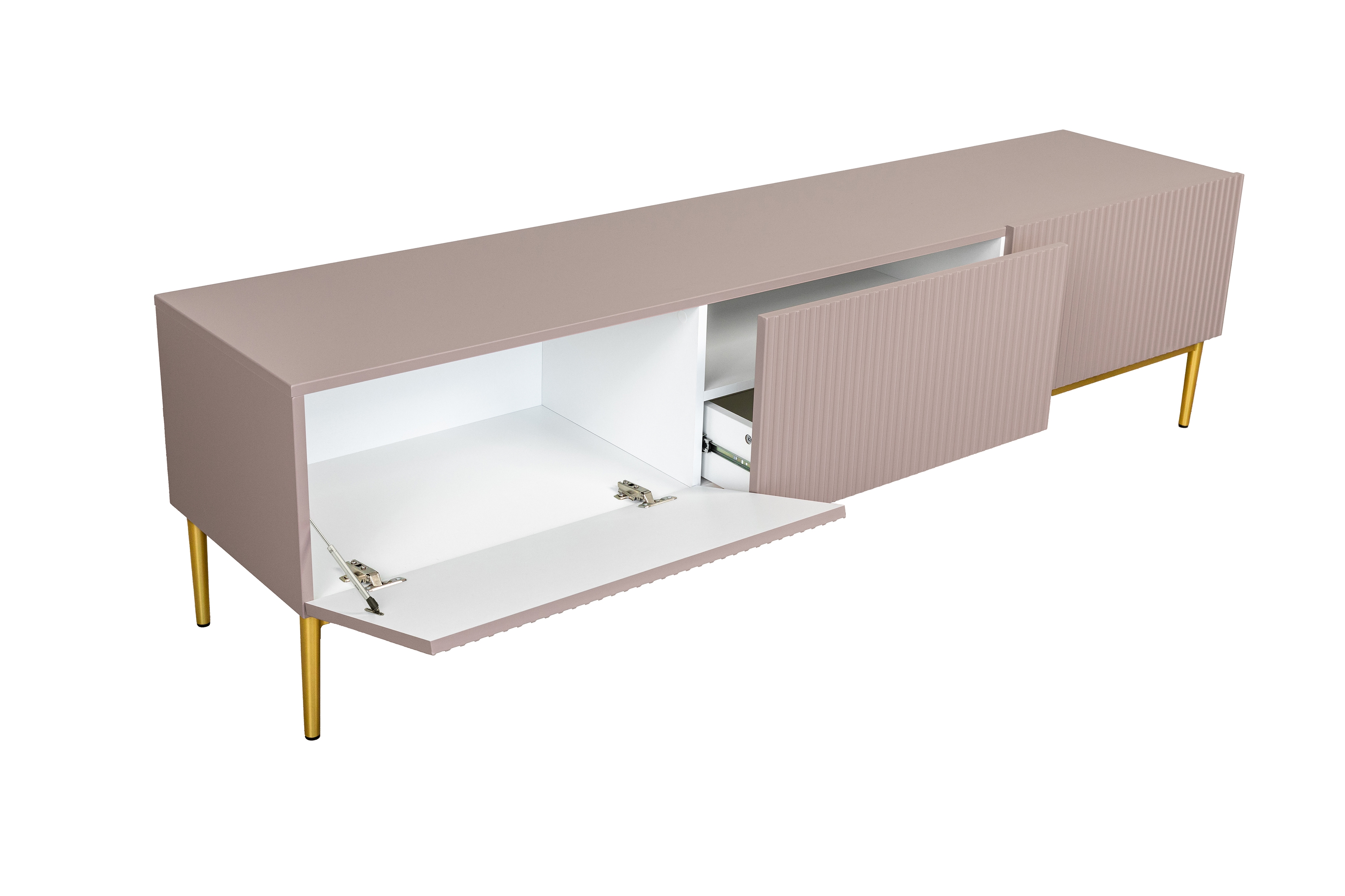 TV skrinka Nicole 200 cm na kovových nohách z šuflíkom - antická ružová / zlaté nožičky - Koncovka Série TV skrinka Nicole z szuflada i metalowymi nogami - antický Ružová MDF / zlote nozki