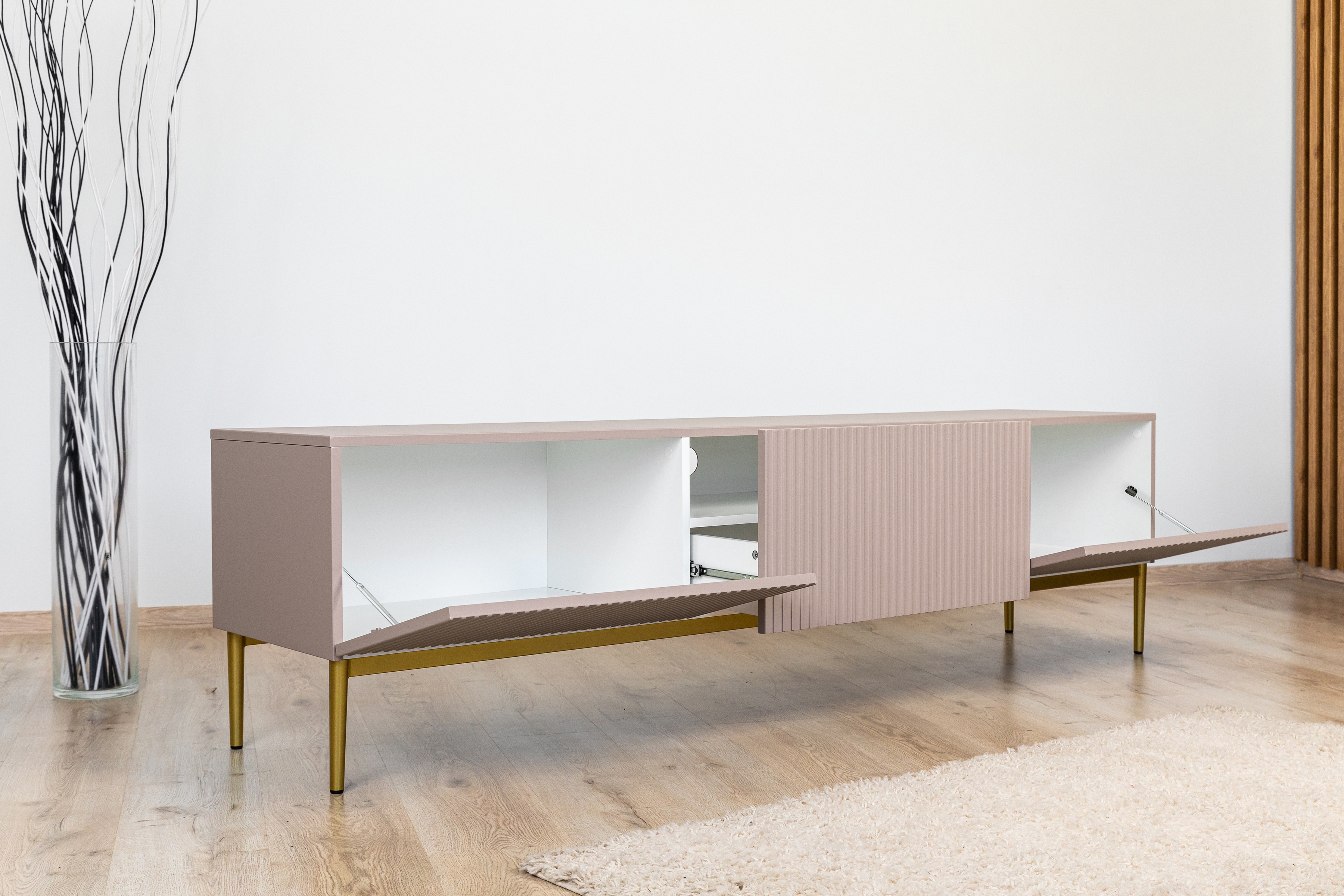 TV skrinka Nicole 200 cm na kovových nohách z šuflíkom - antická ružová / zlaté nožičky - Koncovka Série TV skrinka Nicole z szuflada i metalowymi nogami - antický Ružová MDF / zlote nozki