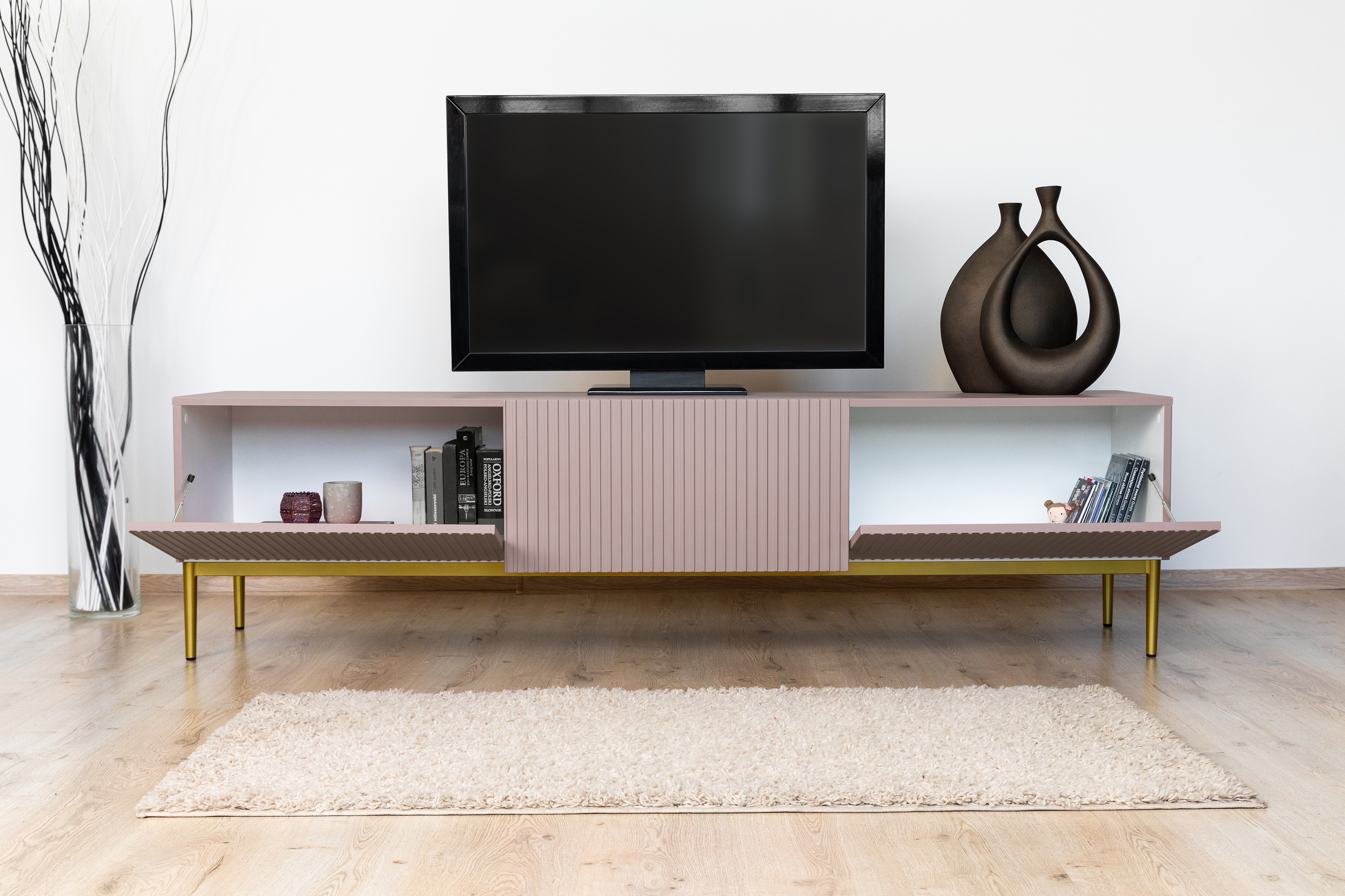 TV skrinka Nicole 200 cm na kovových nohách z šuflíkom - antická ružová / zlaté nožičky - Koncovka Série TV skrinka Nicole z szuflada i metalowymi nogami - antický Ružová MDF / zlote nozki