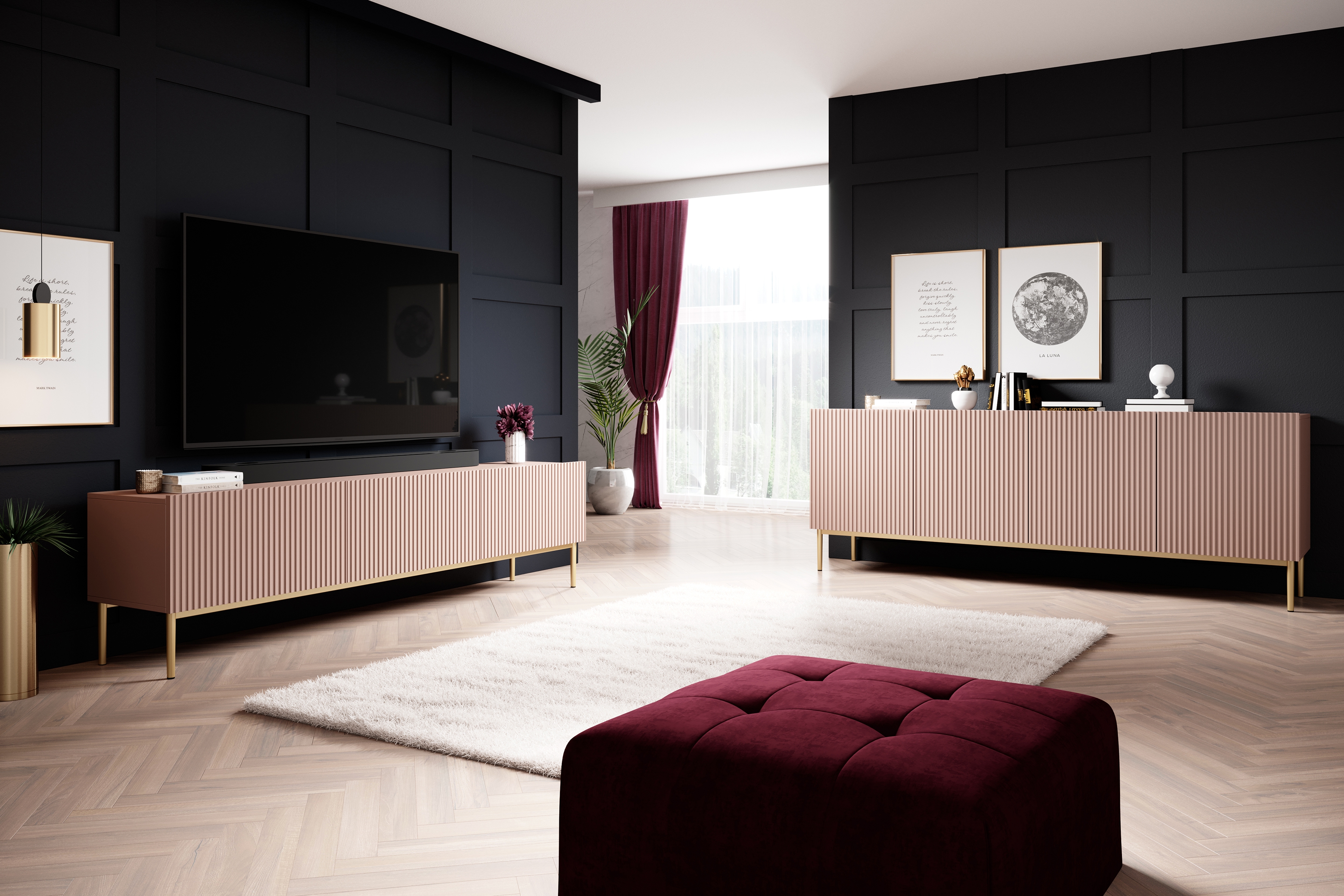 TV skrinka Nicole 200 cm na kovových nohách z šuflíkom - antická ružová / zlaté nožičky - Koncovka Série TV skrinka Nicole z szuflada i metalowymi nogami - antický Ružová MDF / zlote nozki