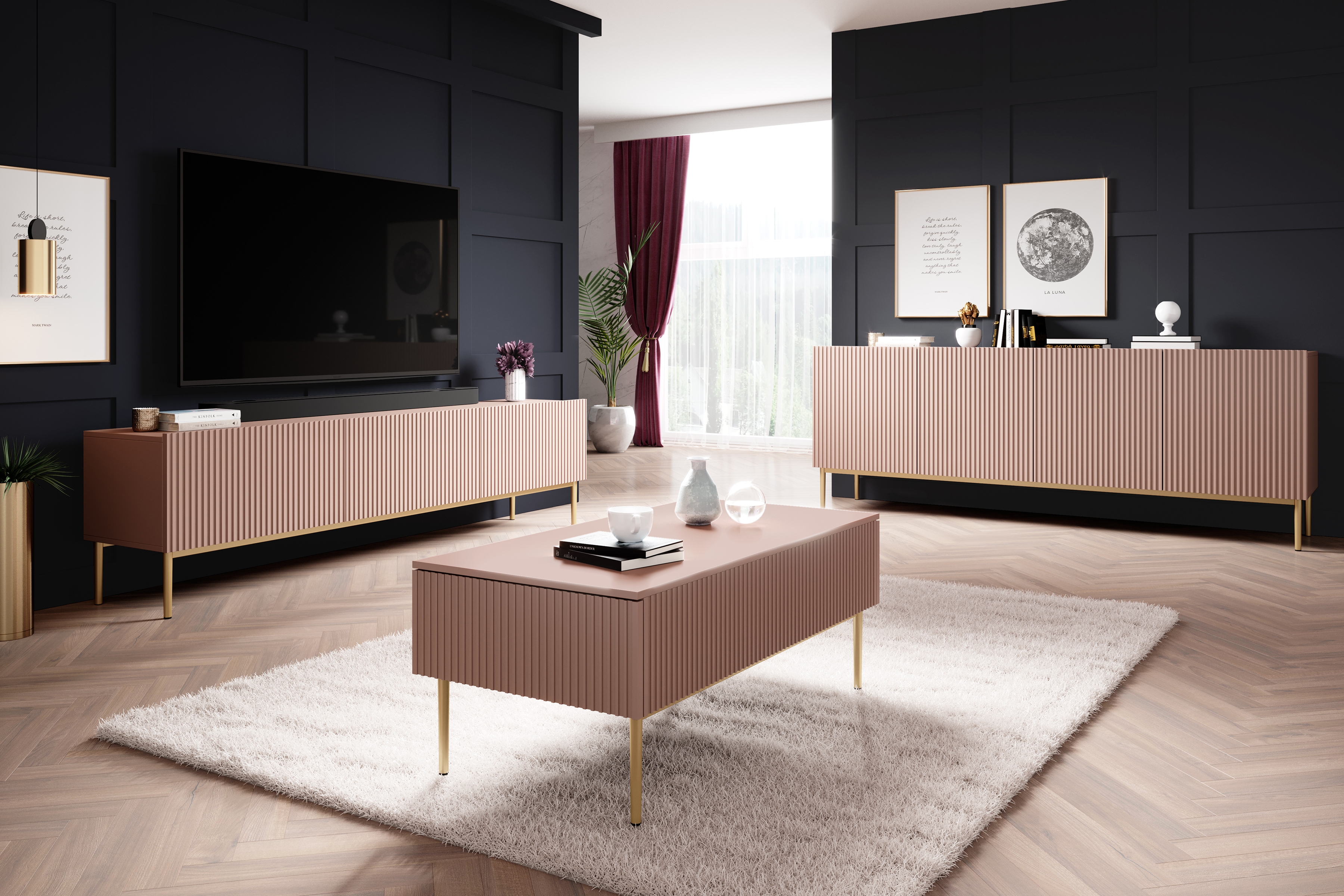 TV skrinka Nicole 200 cm na kovových nohách z šuflíkom - antická ružová / zlaté nožičky - Koncovka Série TV skrinka Nicole 200 cm na kovových nohách z szuflada - antický Ružová / zlote nozki