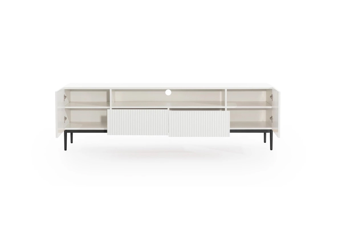 TV stolek Nicole 200 cm se zásuvkami - bílý mat / černé nožky Skříňka RTV Nicole z wneka i zásuvkami na kovových nohách 200 cm - bílý mat / černá nozki