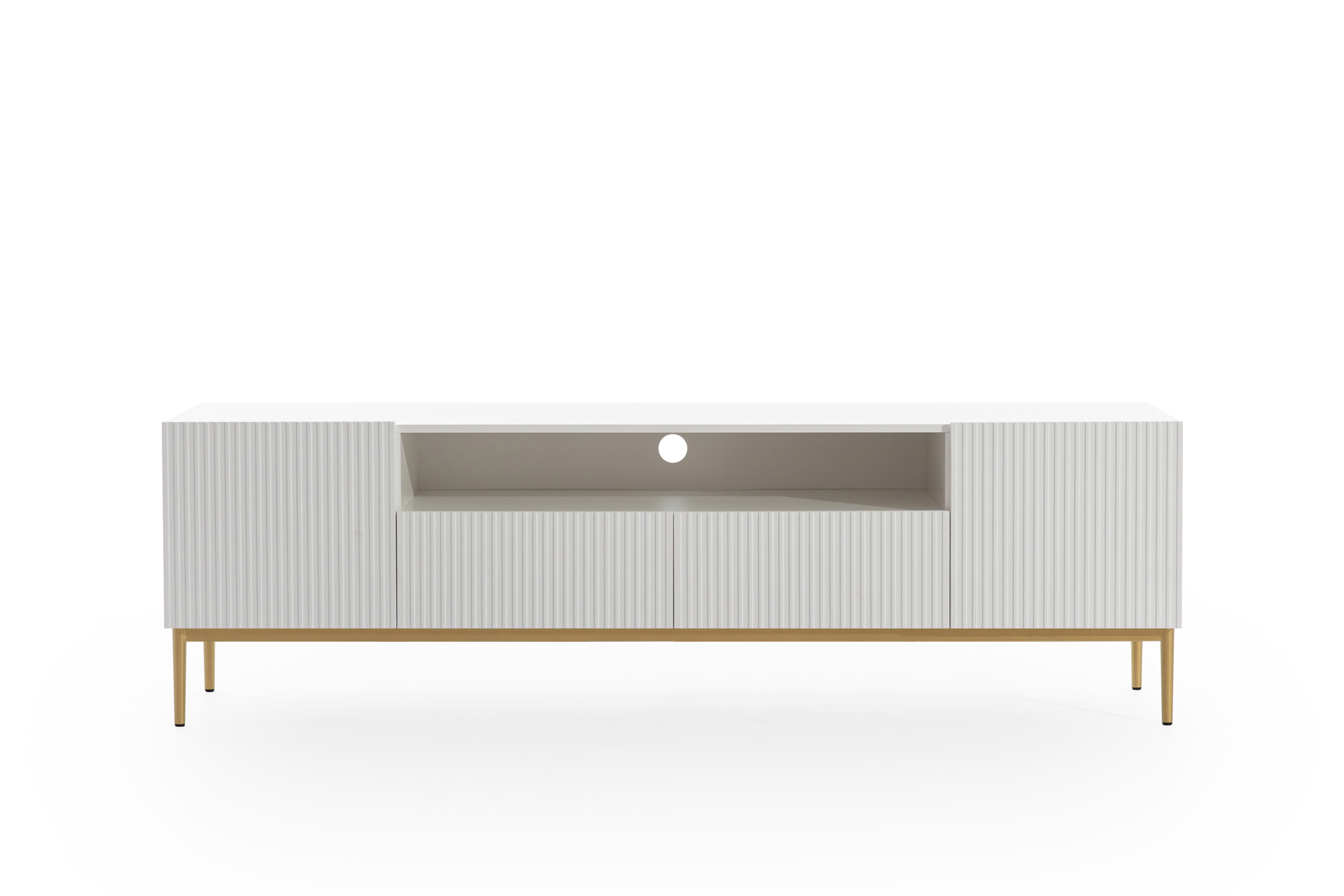 TV stolík Nicole 200 cm s výklenkom a zásuvkami – biely mat / zlaté nožičky TV skrinka Nicole z wneka na kovových nohách 200 cm - biely mat / zlote nozki