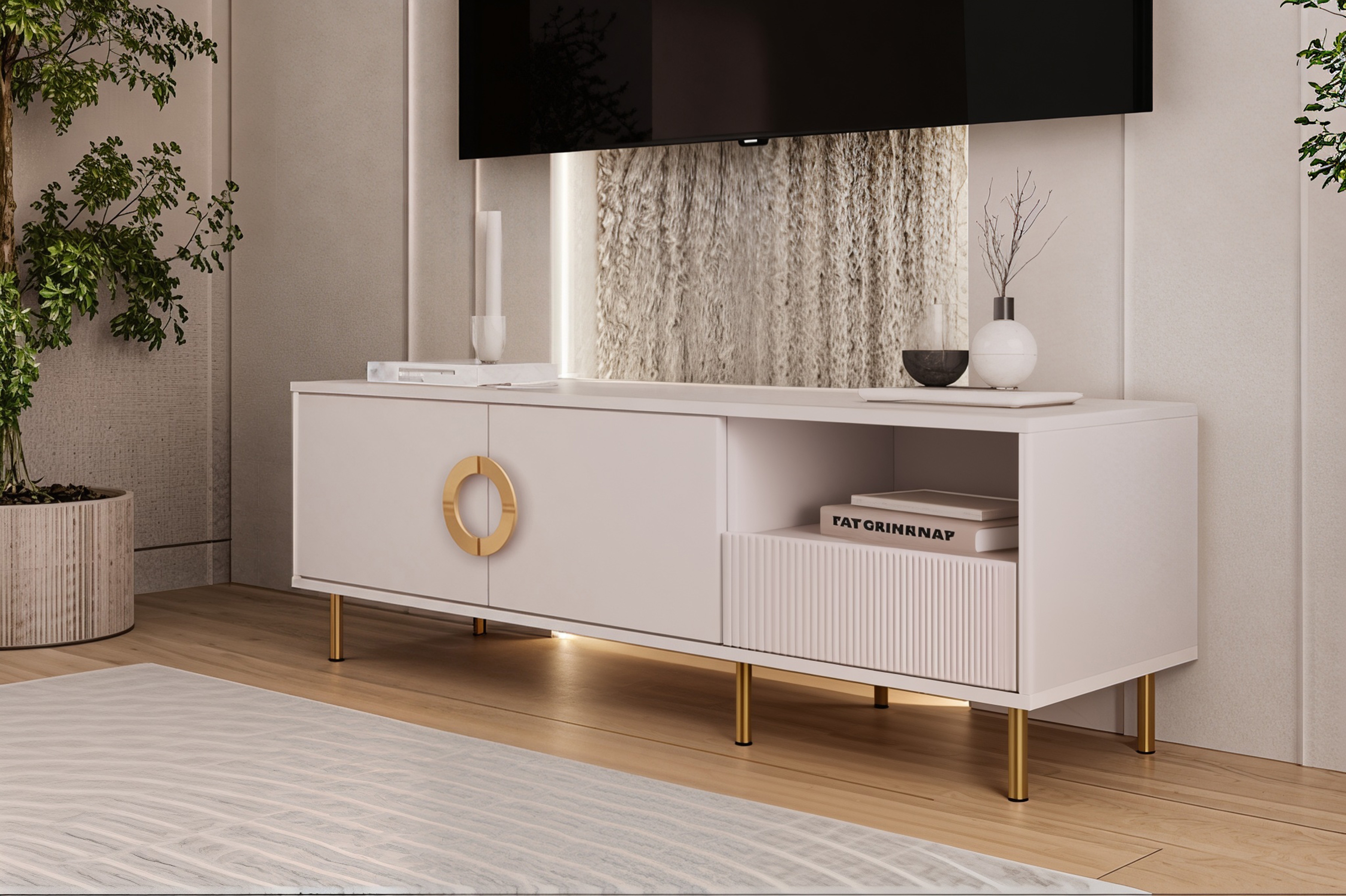 TV stolík Nubo 150 cm - kašmír / zlaté nožičky TV skrinka Nubo 150 cm - kašmír / zlaté