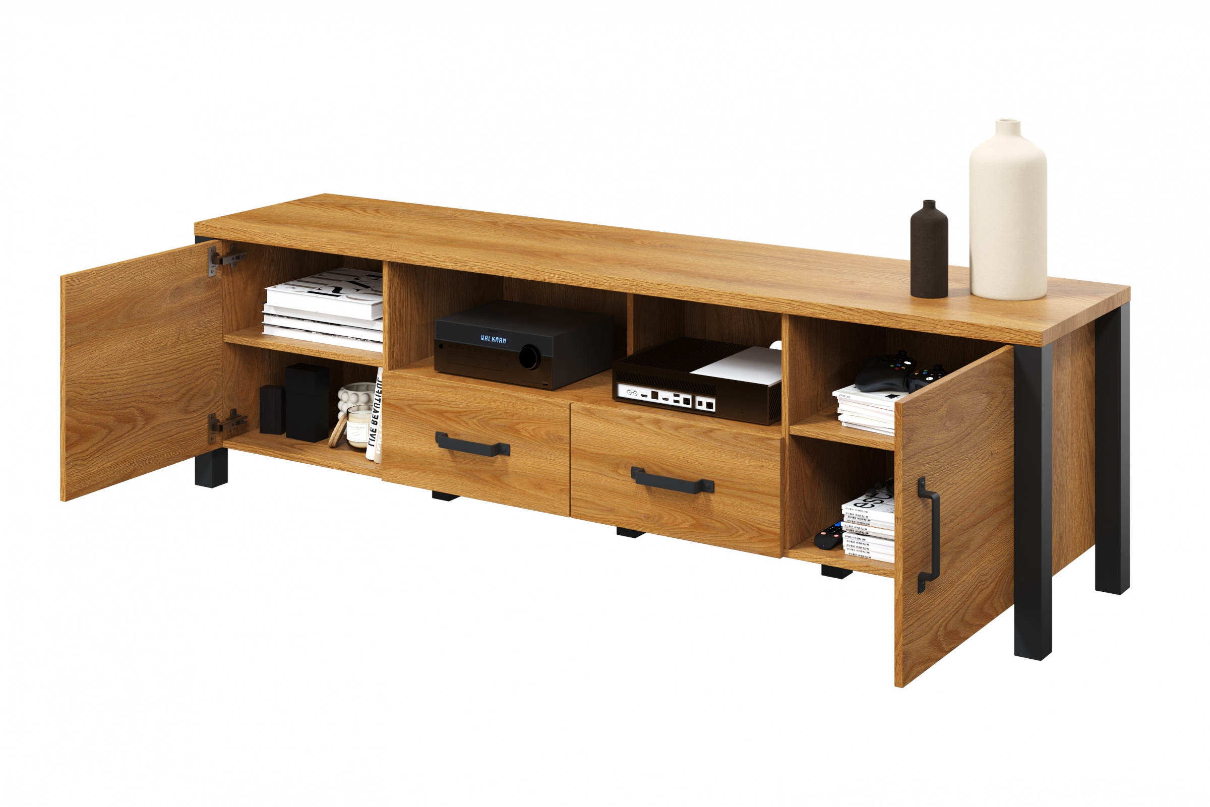 TV skrinka Olin 40 192 cm so zásuvkami - Dub karmel / Čierny supermat - ponuka Limitowana TV skrinka Olin 40 192 cm so zásuvkami - Dub karmel / Čierny supermat