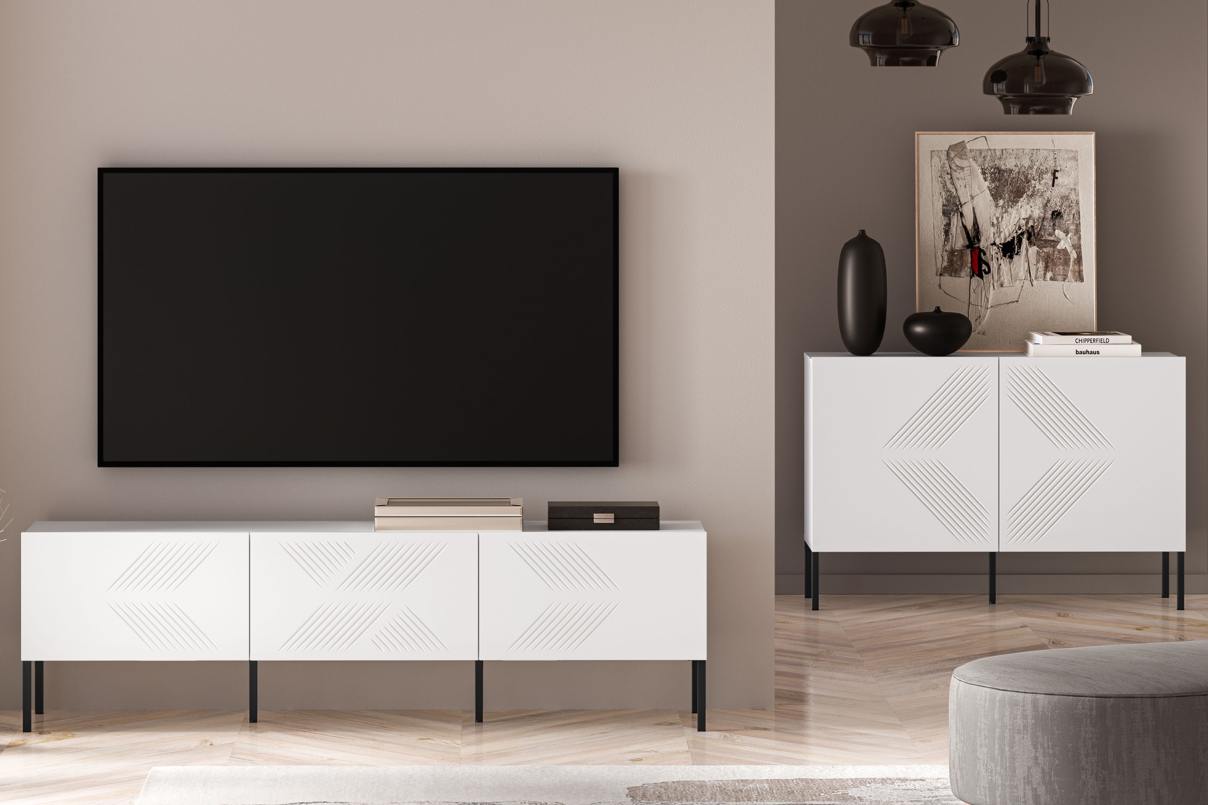 TV stolek Pingli 170 cm - bílý mat / černé nožky Skříňka RTV Pingli 04 - 170 cm - Bílý mat / černé Nohy