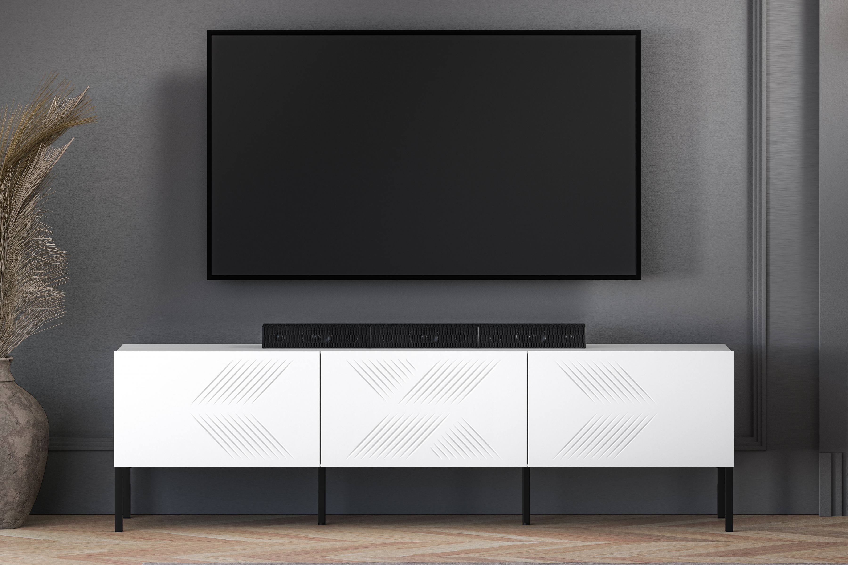 TV stolek Pingli 170 cm - bílý mat / černé nožky Skříňka RTV Pingli 04 - 170 cm - Bílý mat / černé Nohy