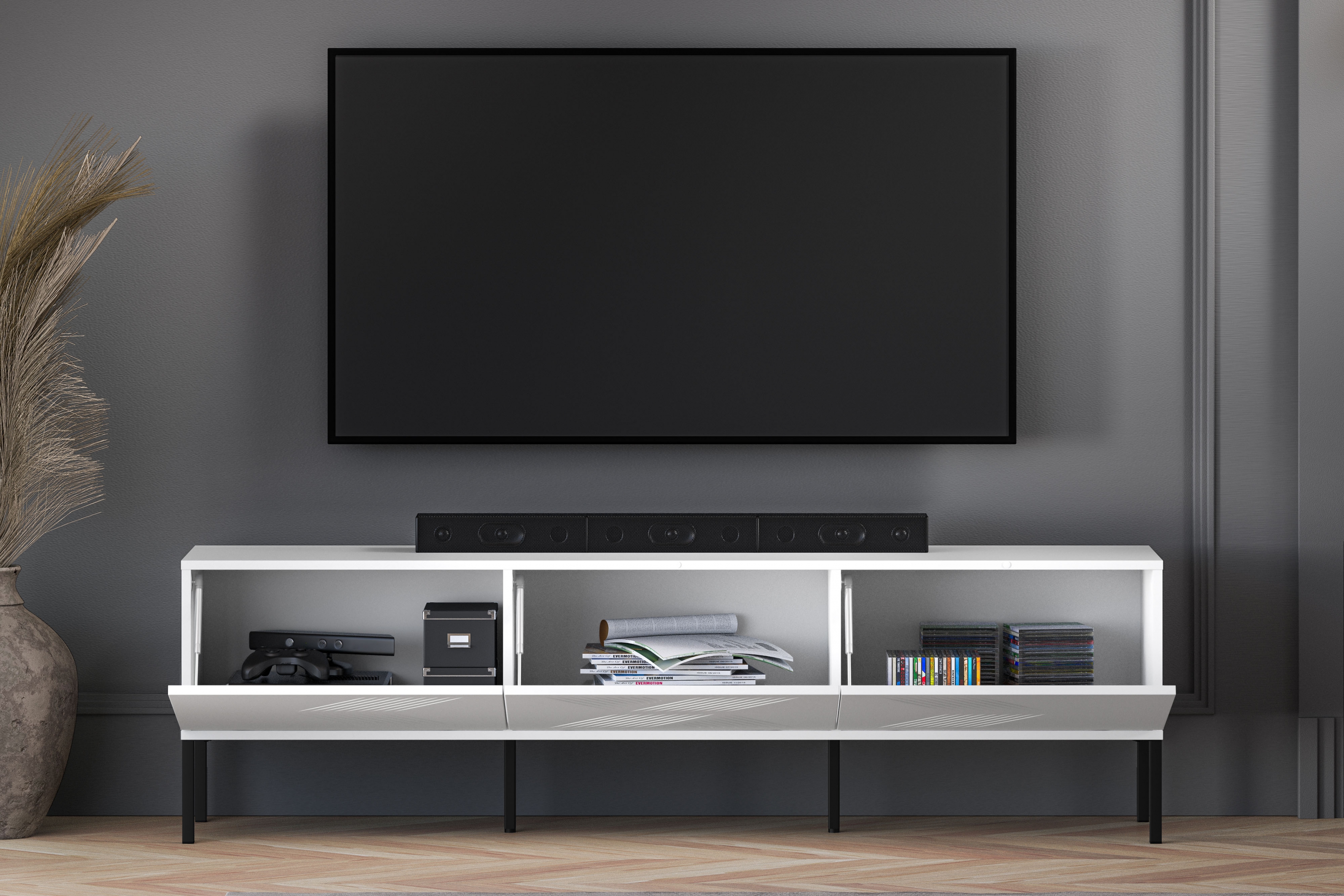 TV stolek Pingli 170 cm - bílý mat / černé nožky Skříňka RTV Pingli 04 - 170 cm - Bílý mat / černé Nohy